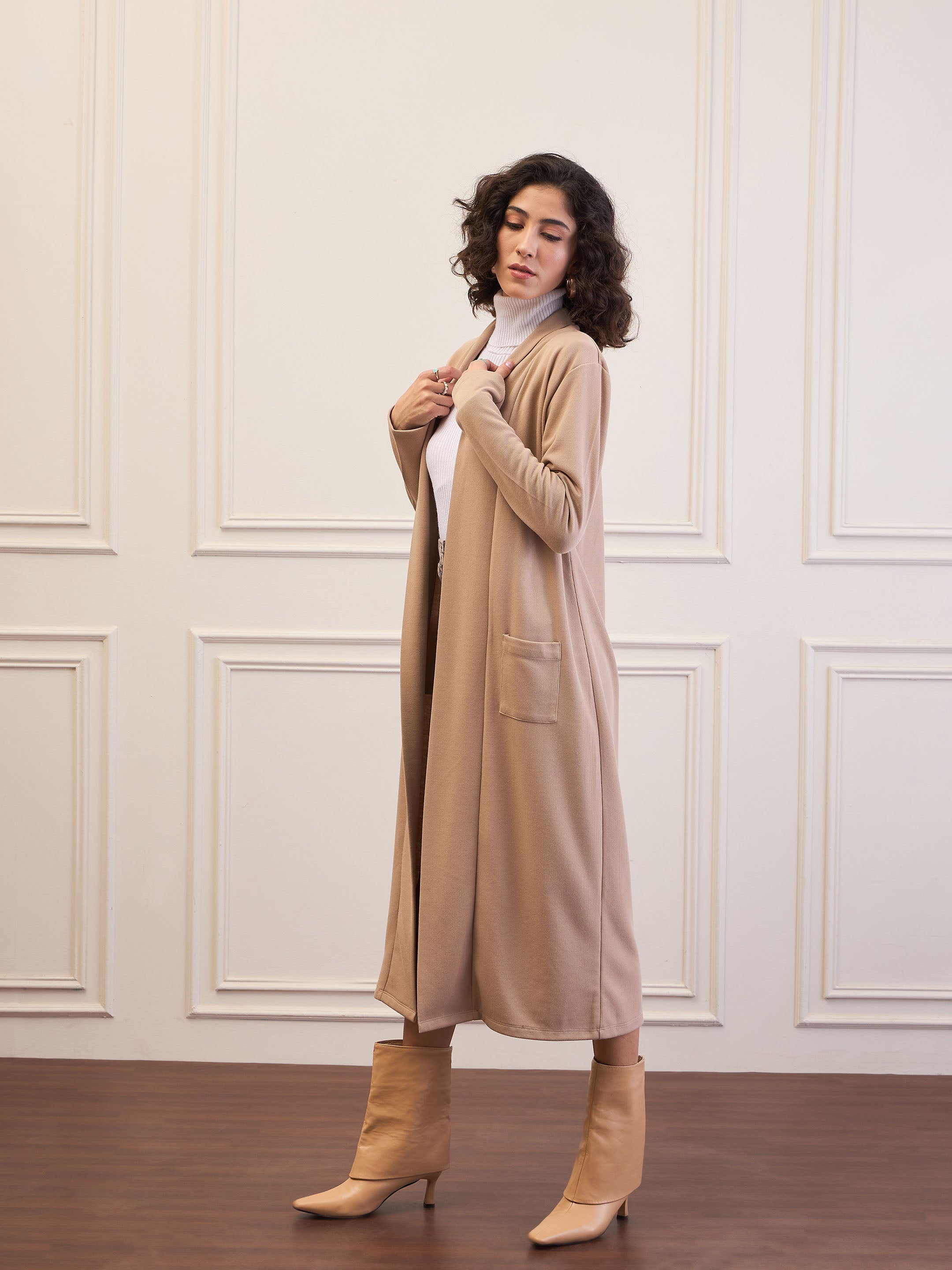 Women Beige Rib Longline Shrug