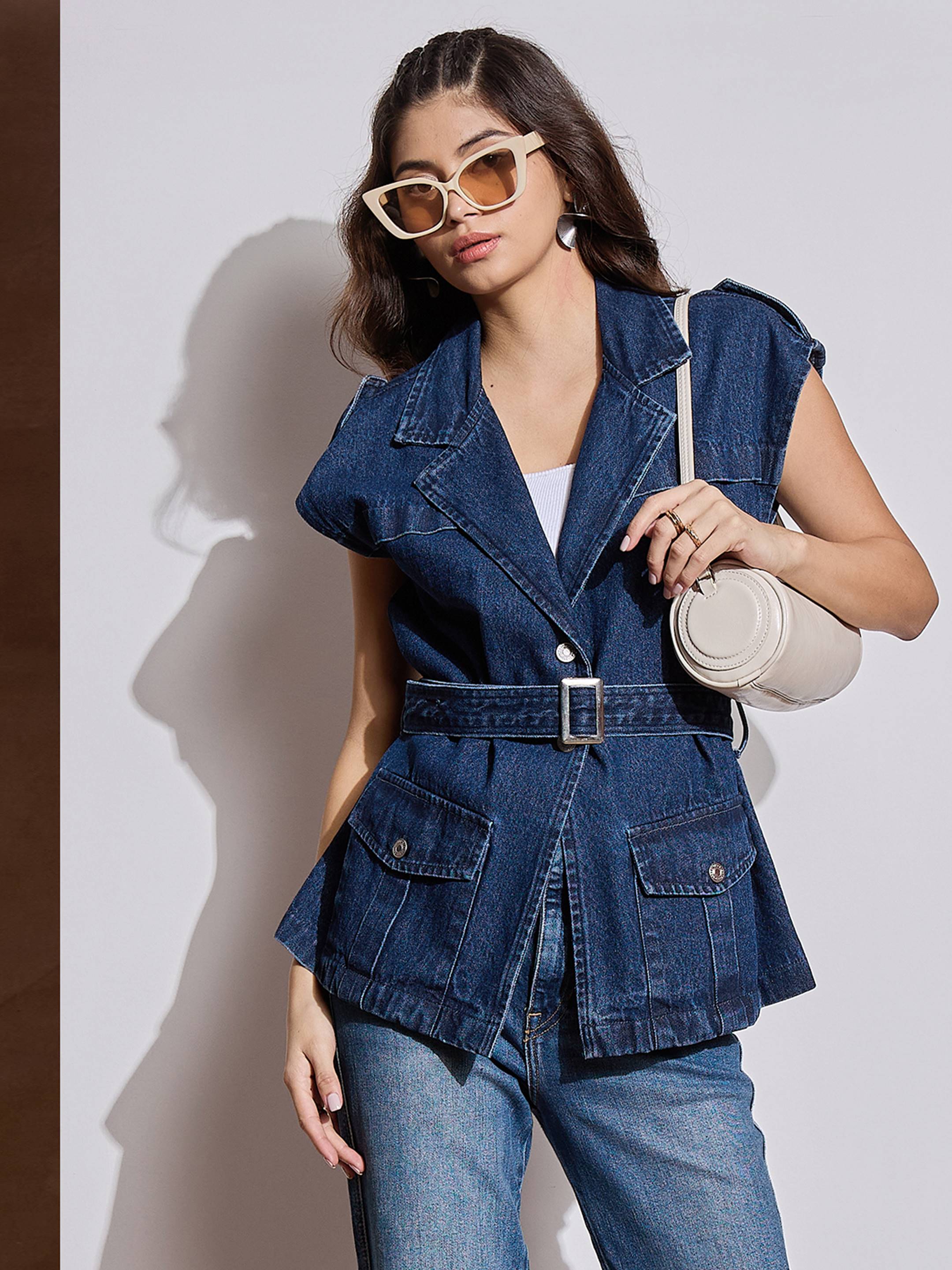 Women Blue Washed Pocket Detail Sleeveless Belted Jacket