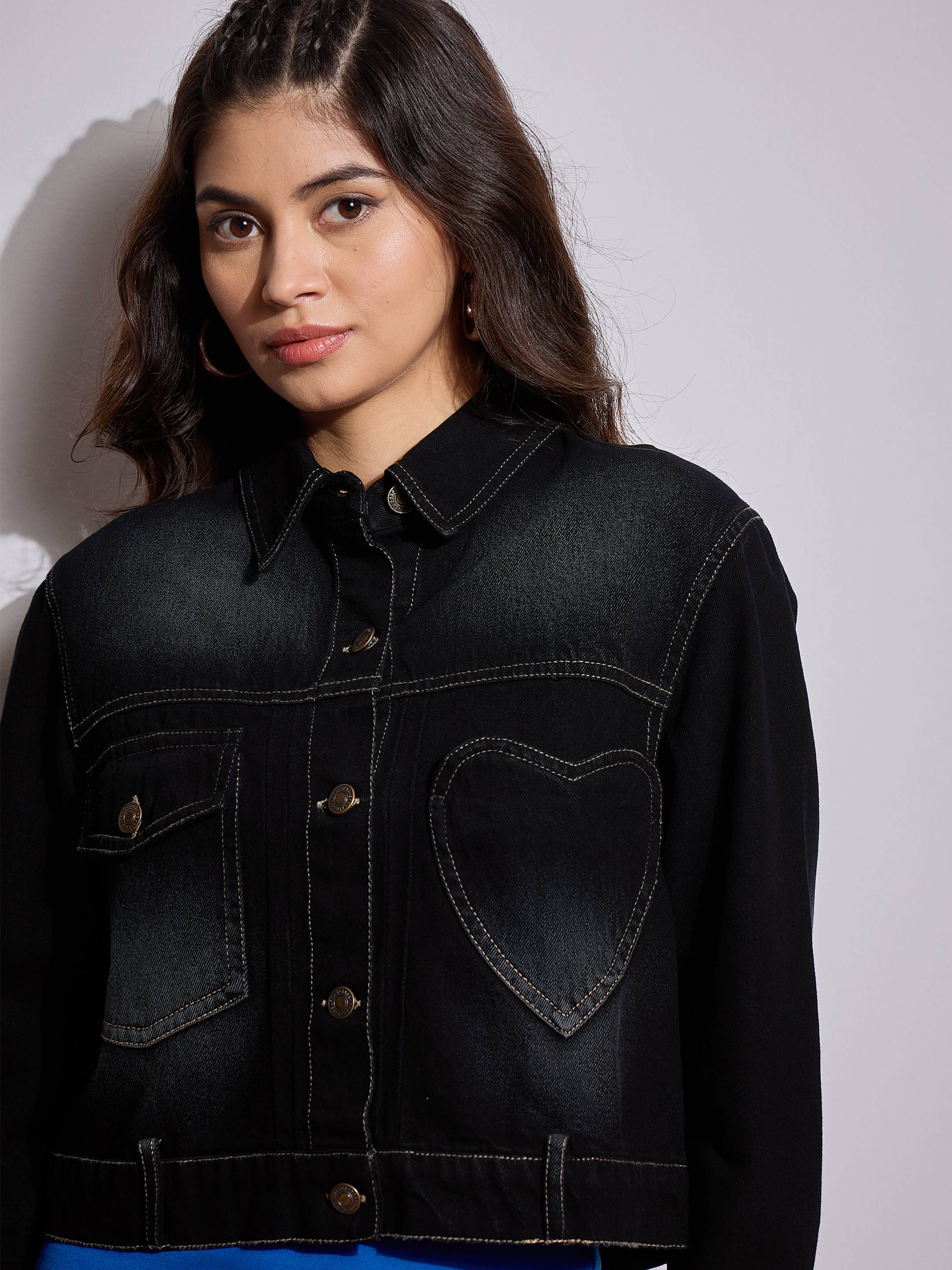 Women Black Denim Heart Pockets Crop Jacket