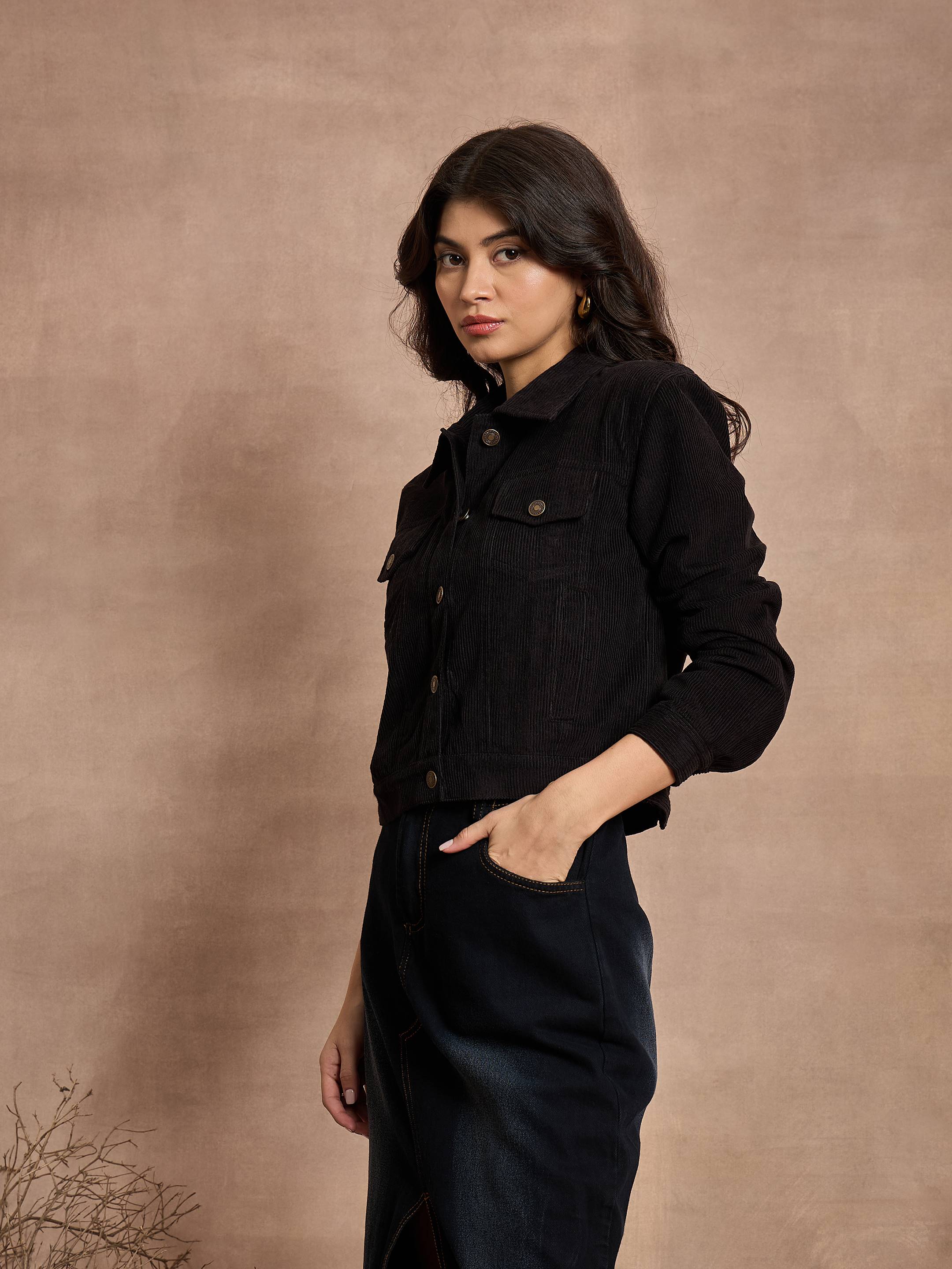 Women Black Corduroy Full Sleeve Jacket