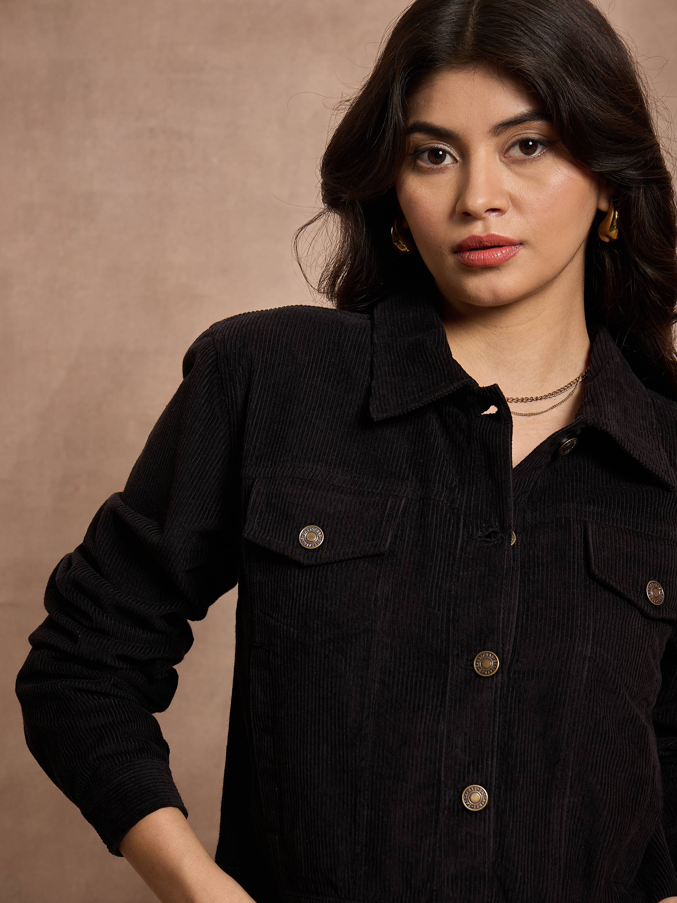 Women Black Corduroy Full Sleeve Jacket