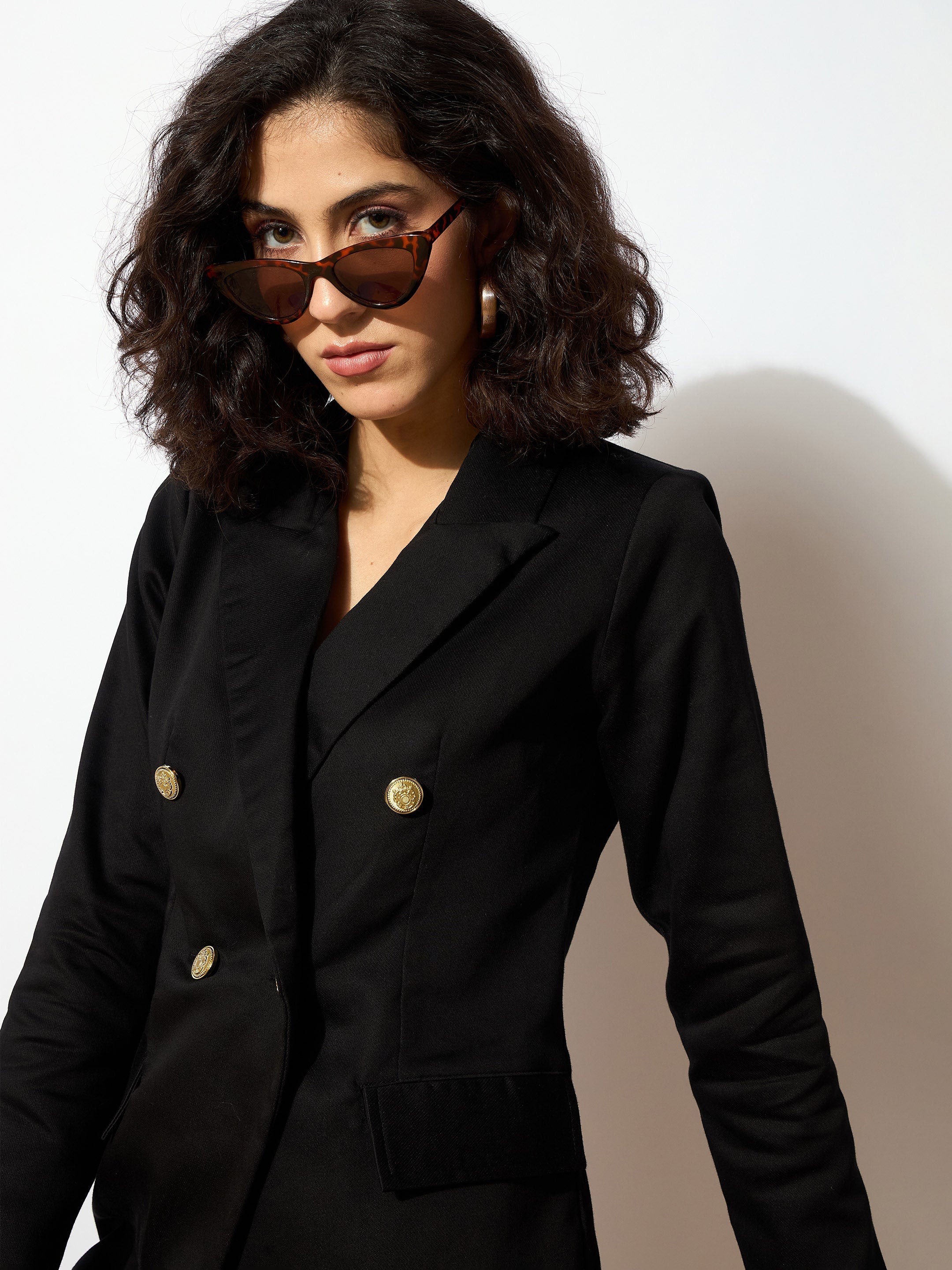 Women Black Full Sleeves Double Breasted Blazer