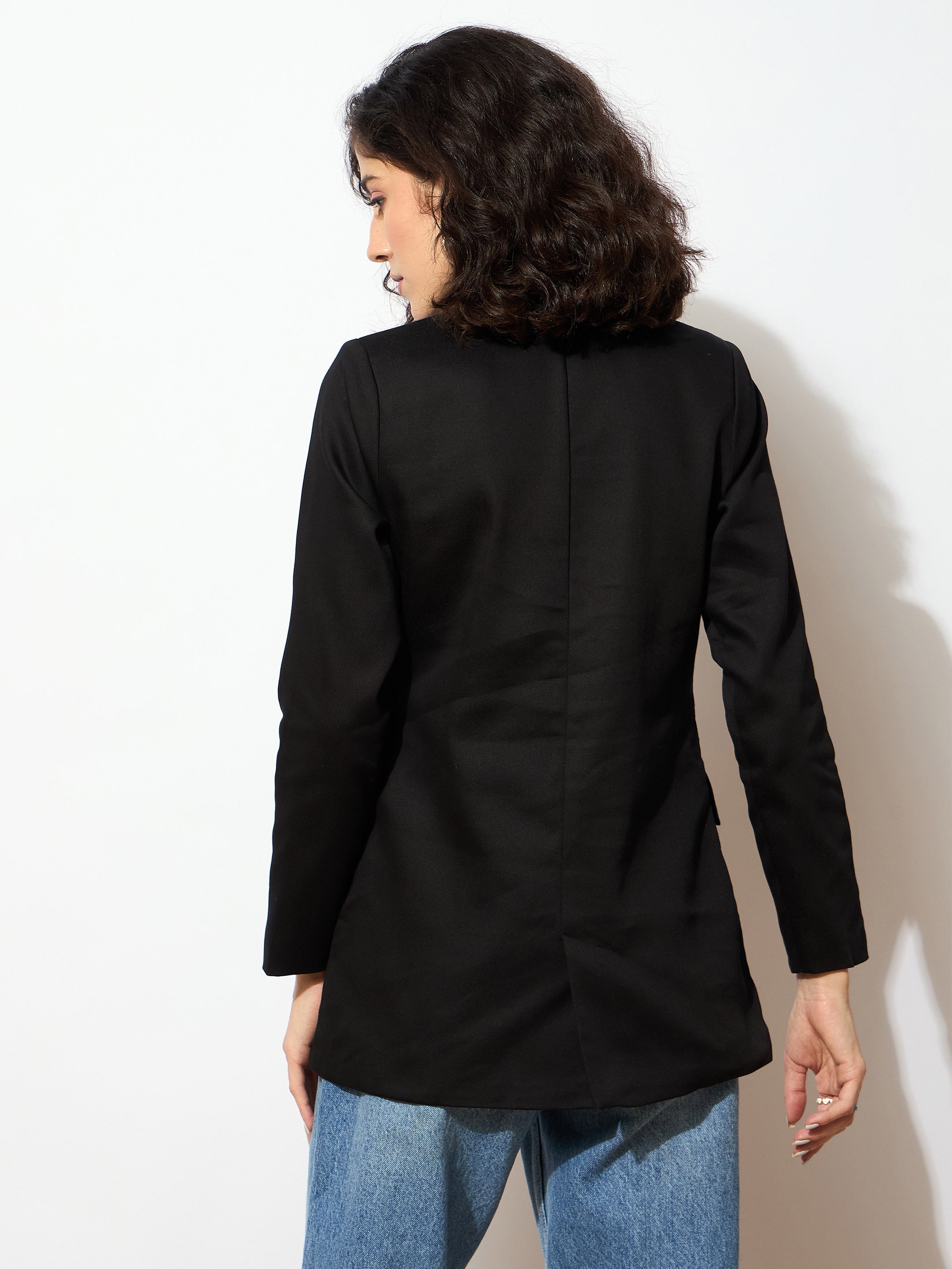 Women Black Full Sleeves Double Breasted Blazer