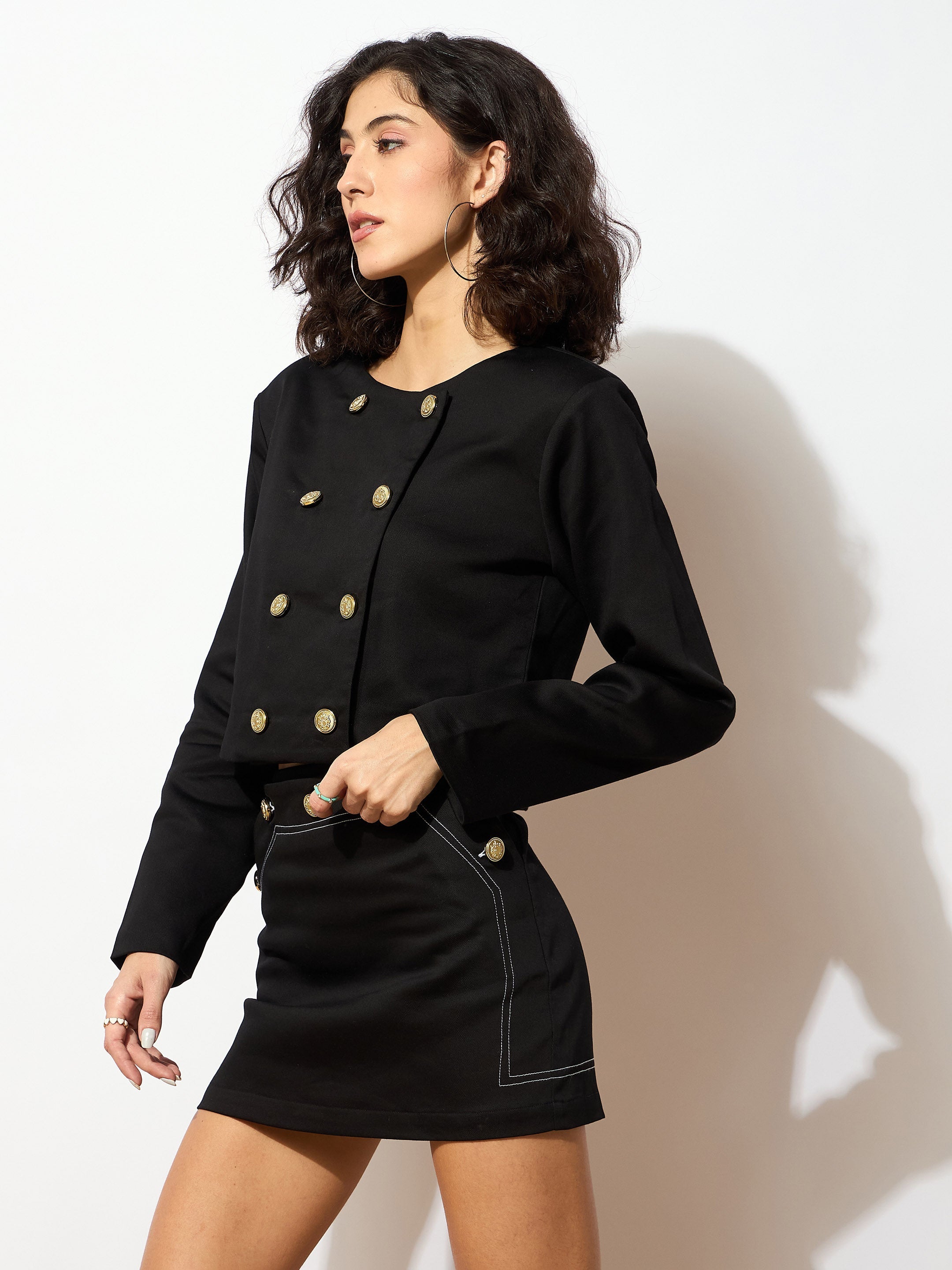 Women Black Twill Double Breasted Crop Blazer