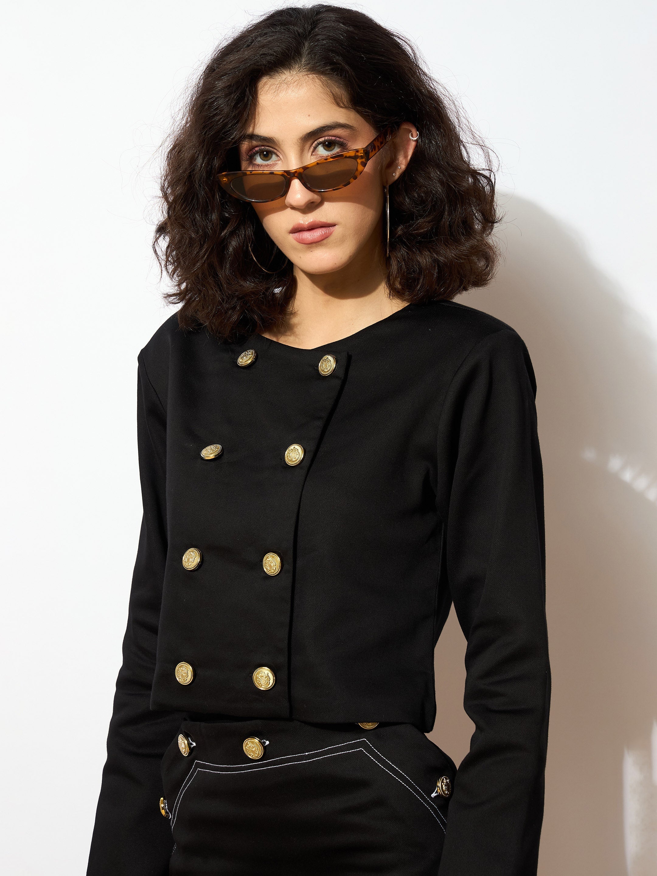 Women Black Twill Double Breasted Crop Blazer