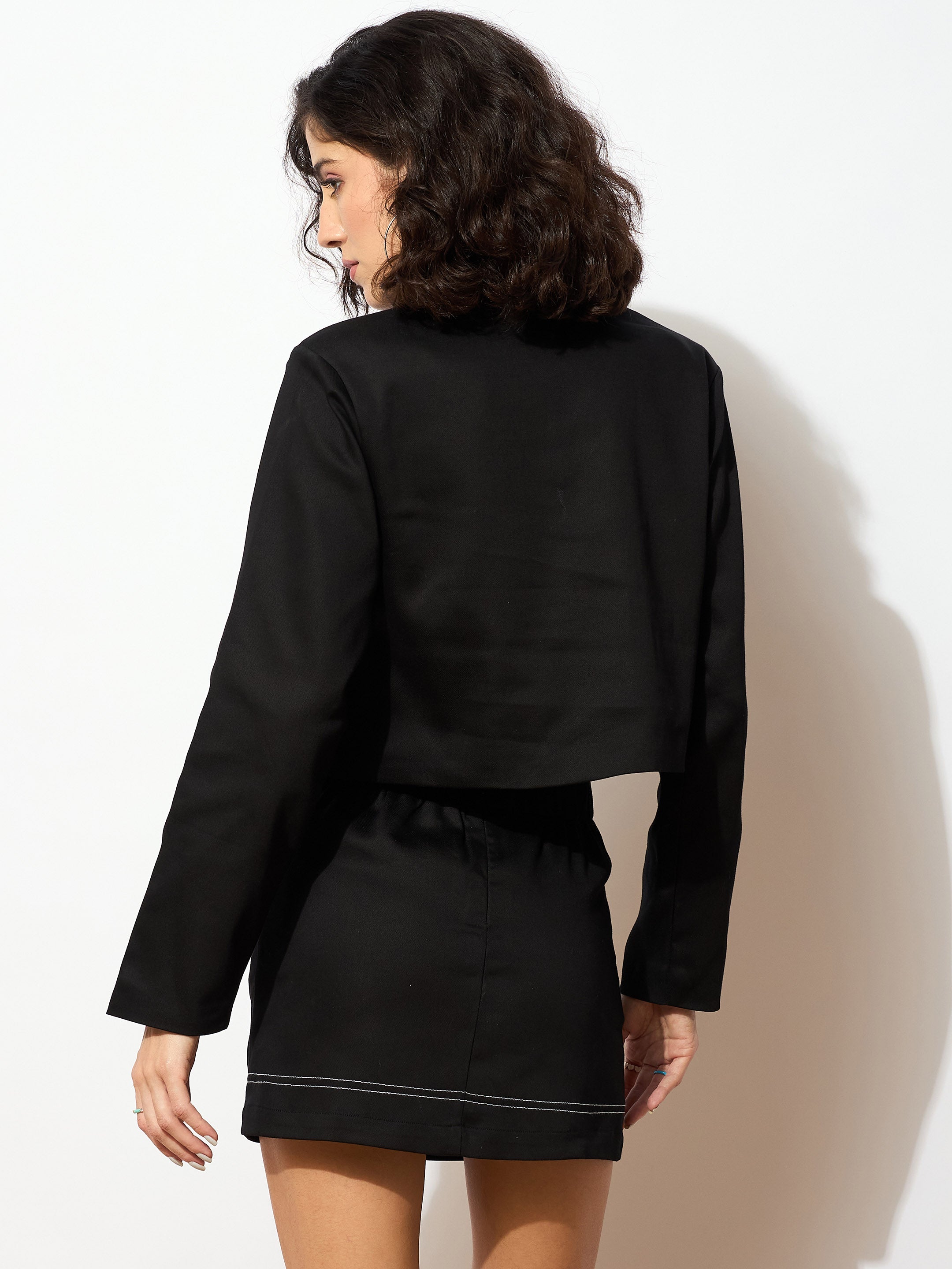 Women Black Twill Double Breasted Crop Blazer