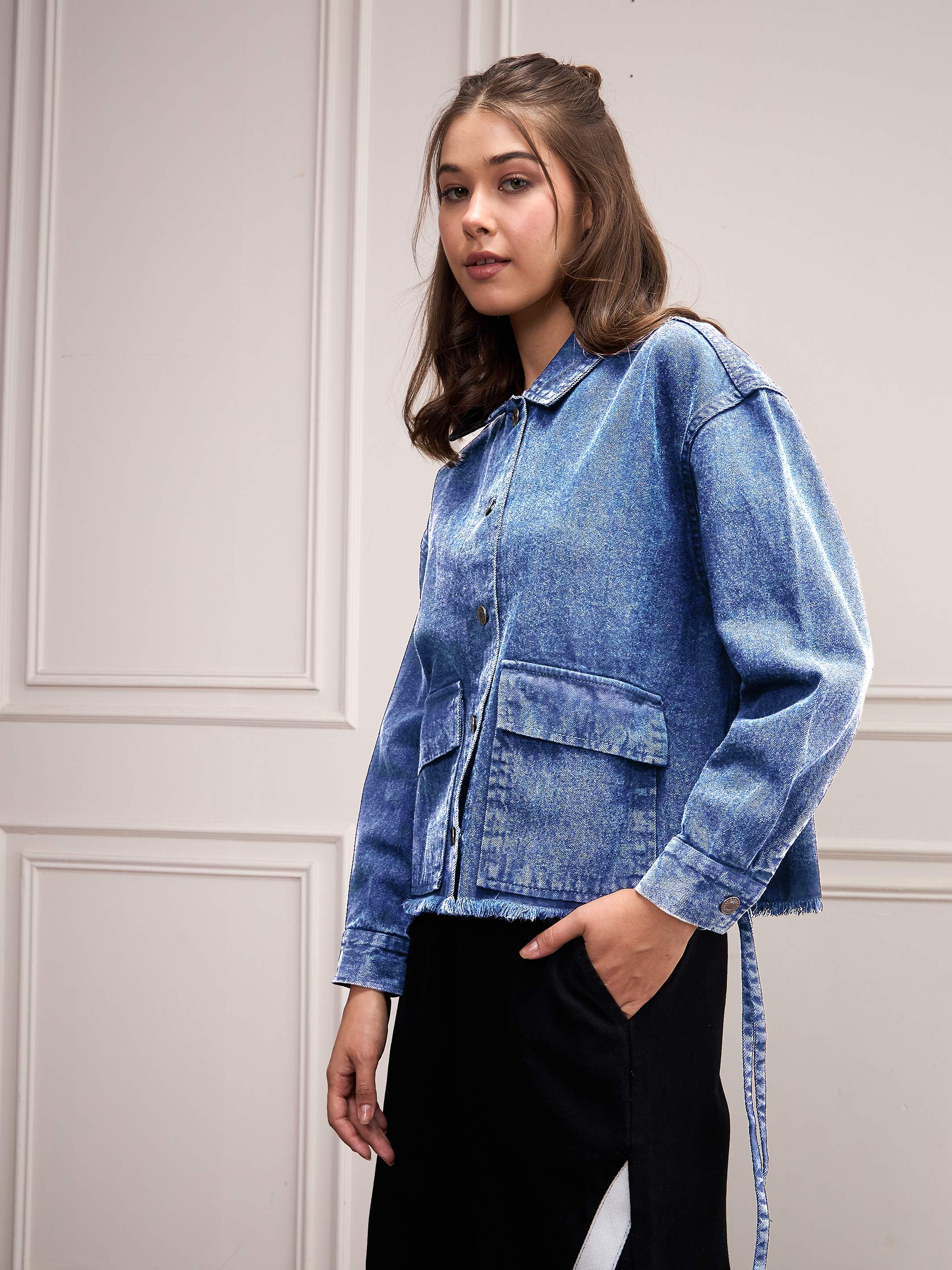 Women Blue Washed Denim Front Pocket Jacket