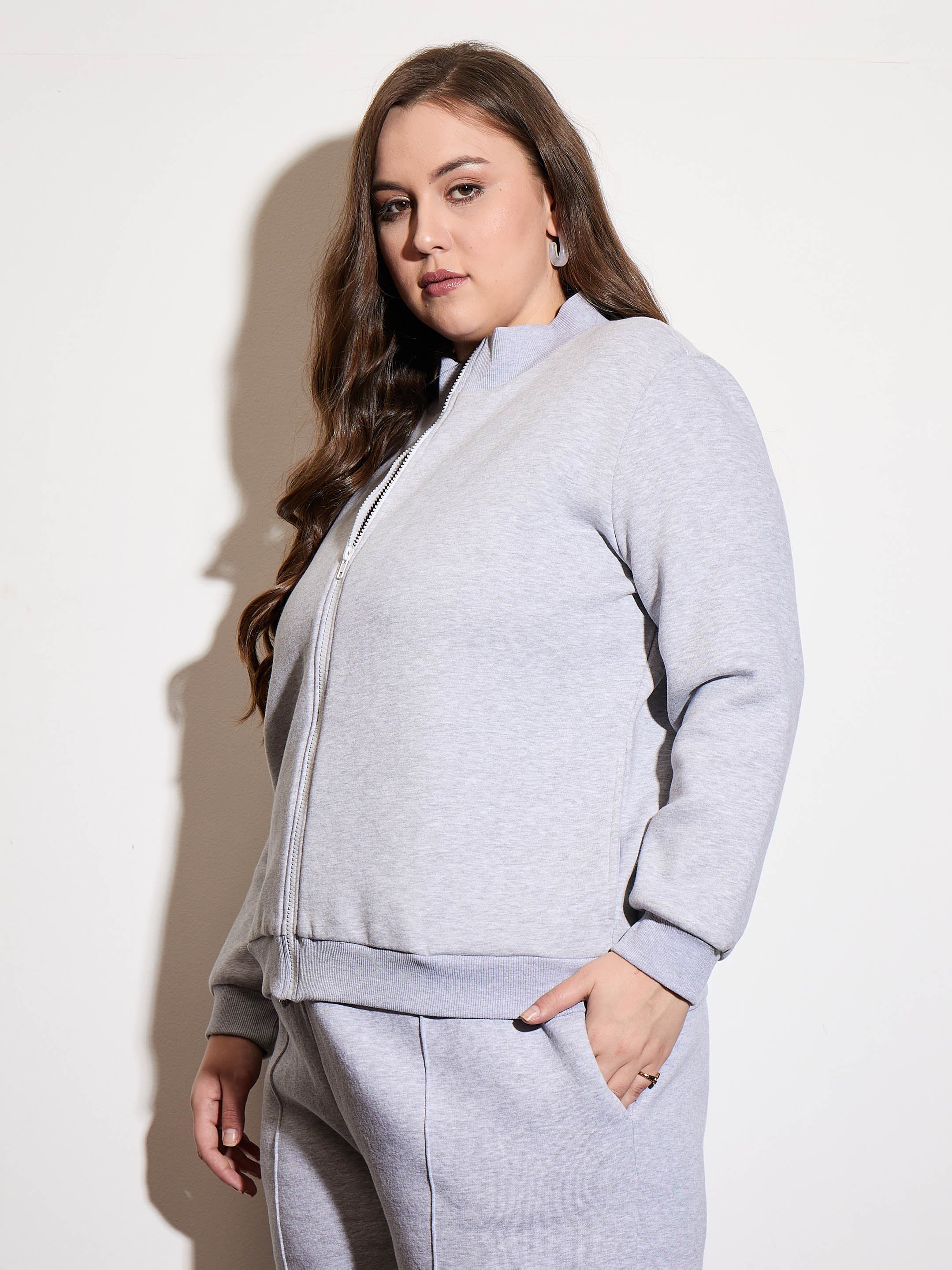 Women Grey Melange Front Open Zipper Jacket