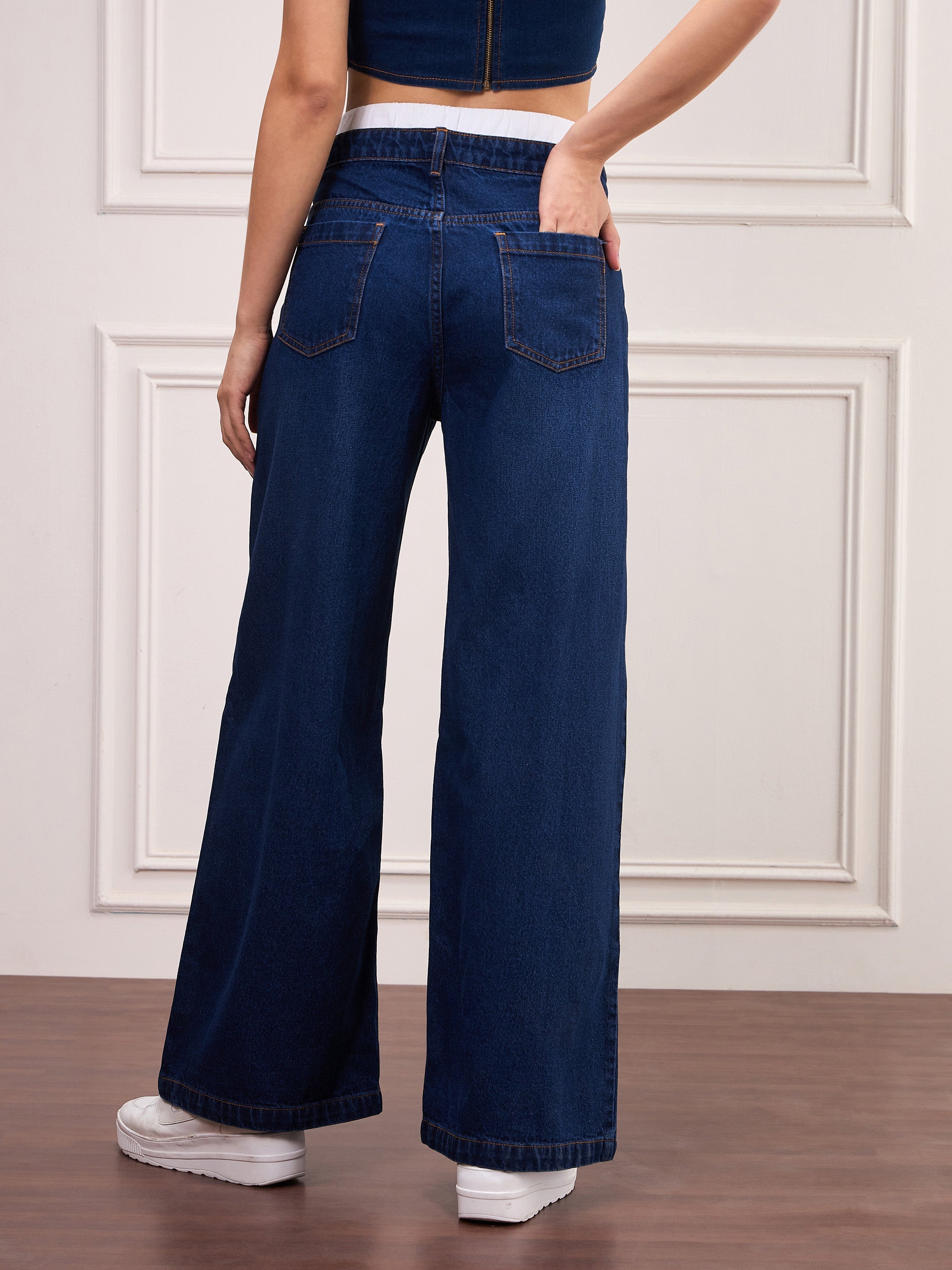 Women Navy Blue Double Waistband Jeans