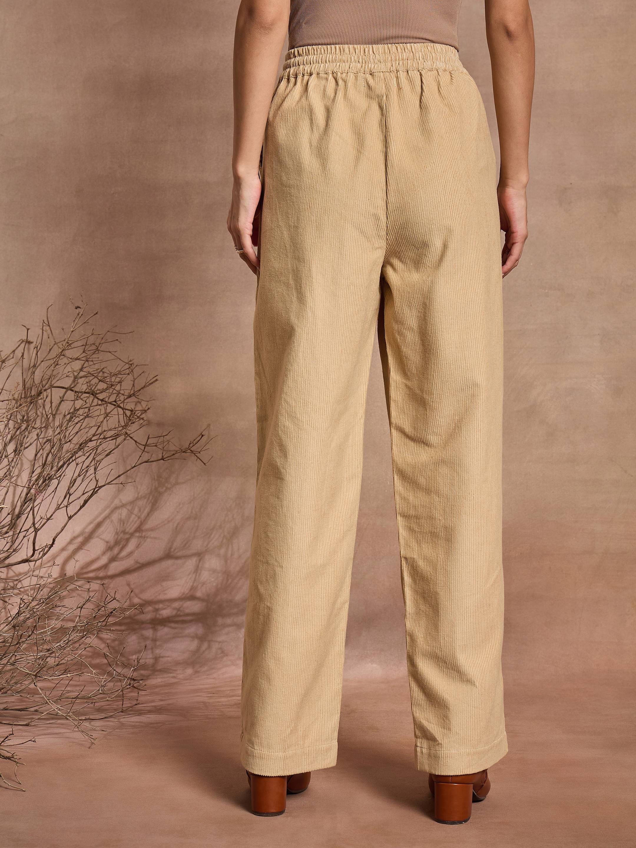 Women Beige Corduroy Straight Pants