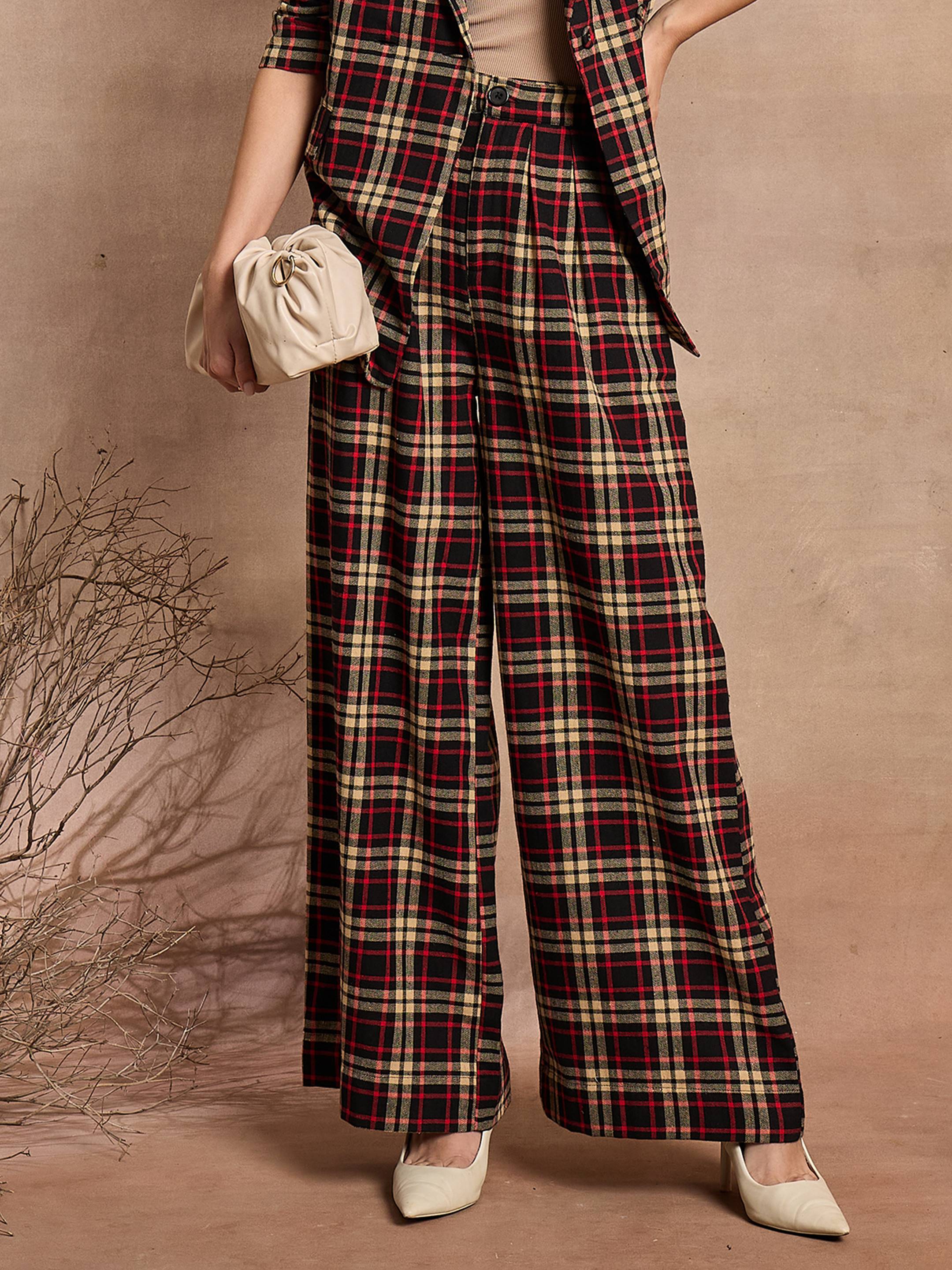 Women Black & Beige Check High Rise Wide Leg Pants