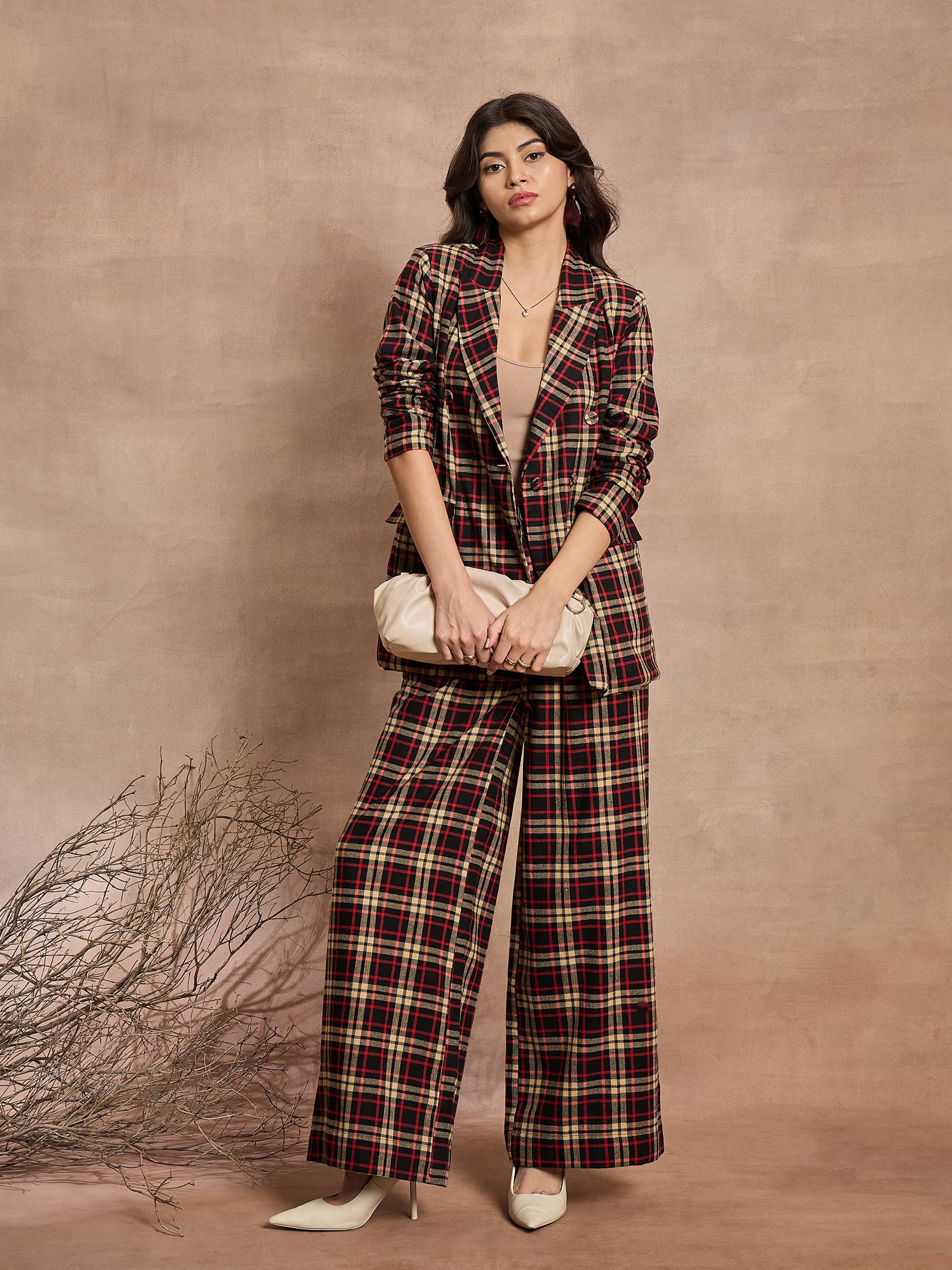 Women Black & Beige Check High Rise Wide Leg Pants