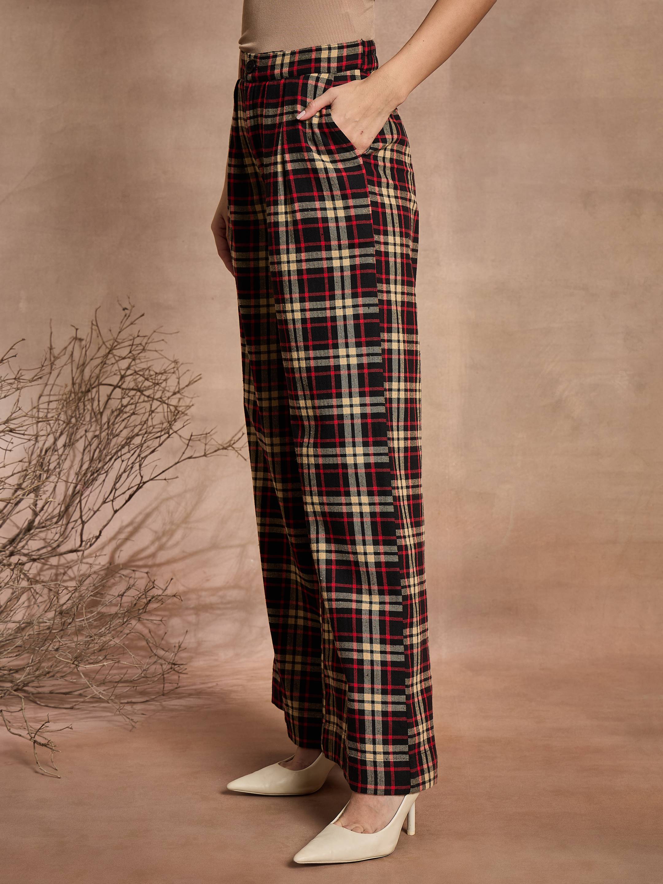 Women Black & Beige Check High Rise Wide Leg Pants