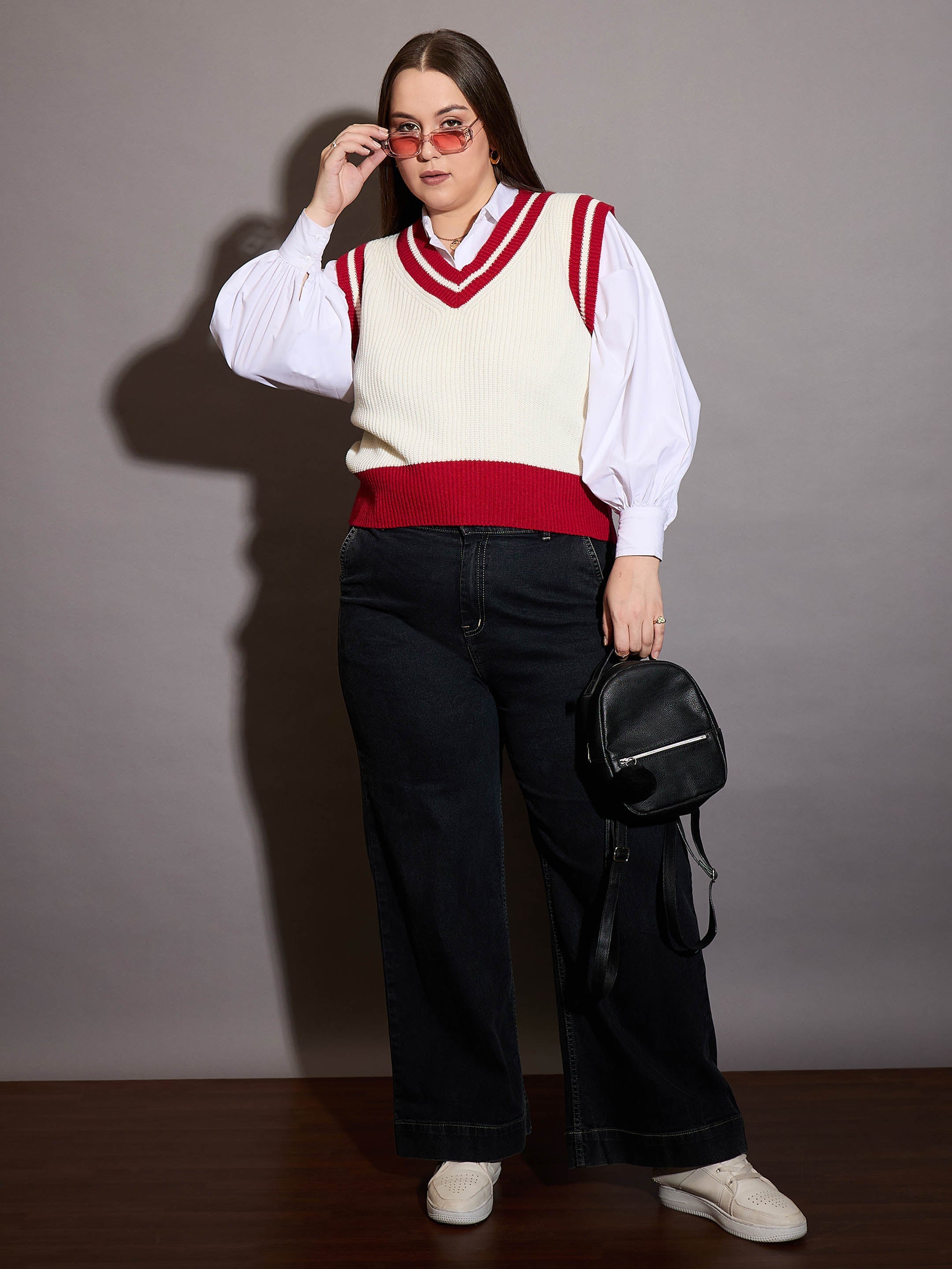 Women Curve Red & White Striped V-Neck Sweater Vest