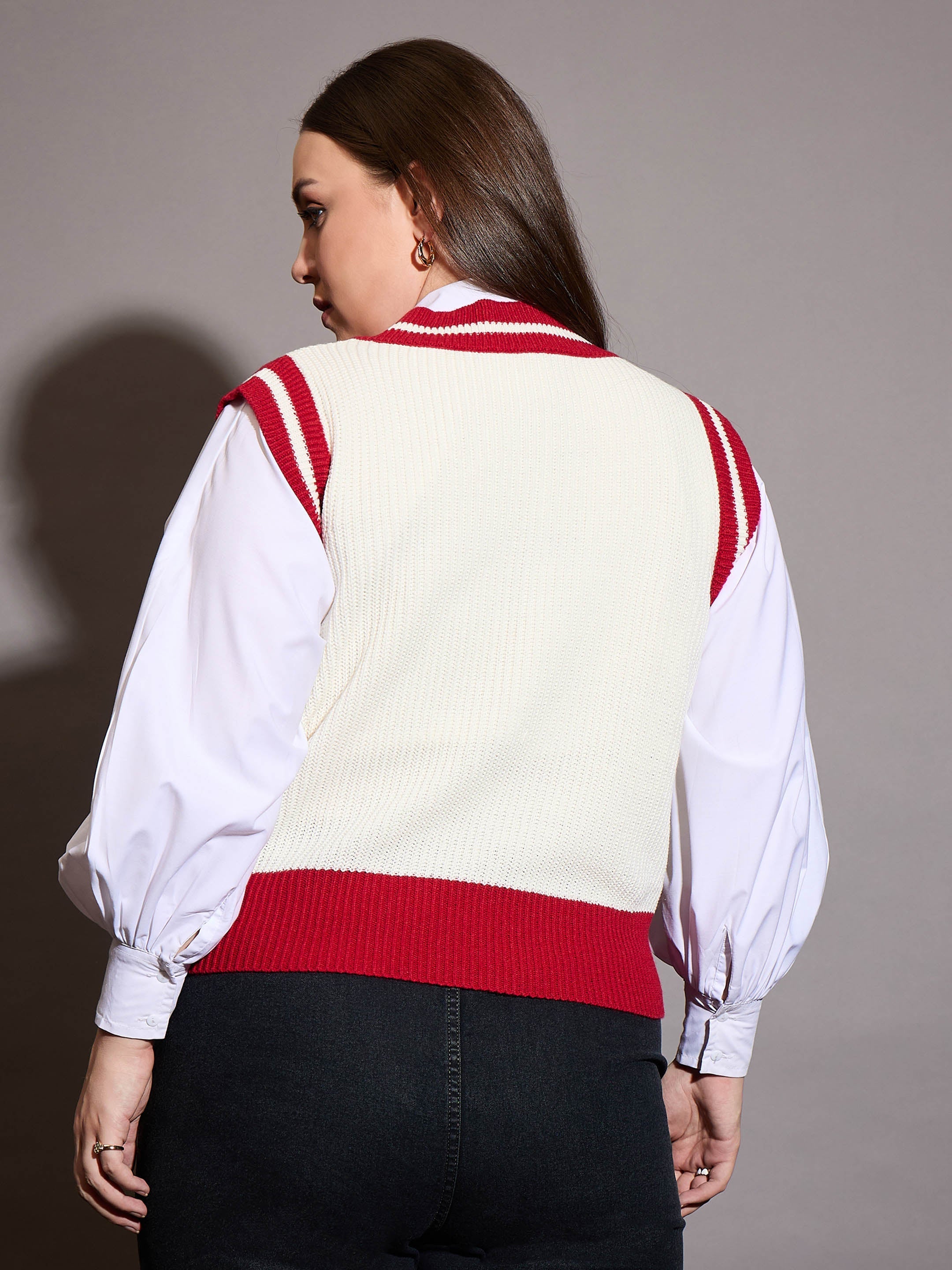 Women Curve Red & White Striped V-Neck Sweater Vest