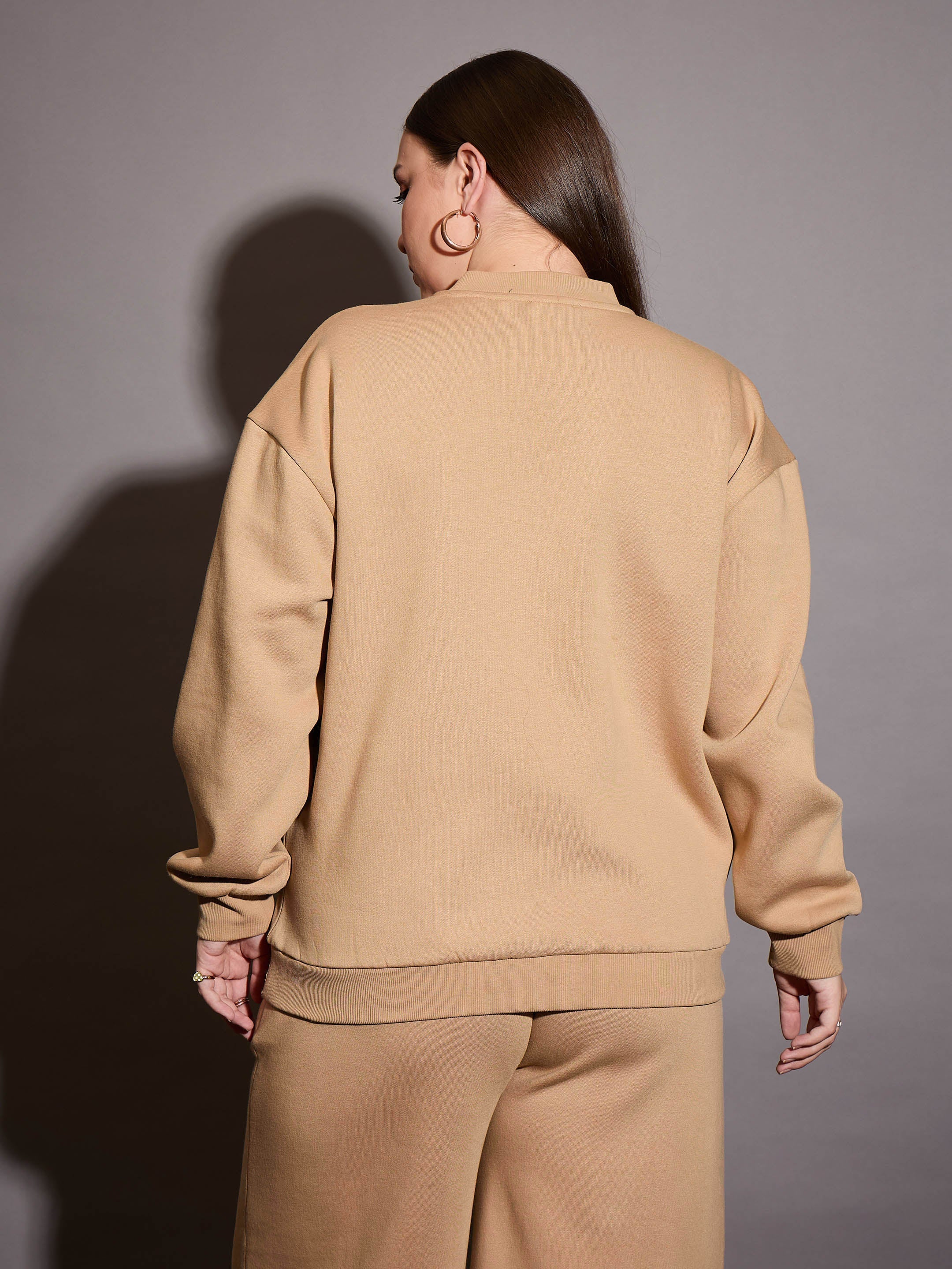 Women Beige Fleece FOREVER YOUNG Emb Sweatshirt