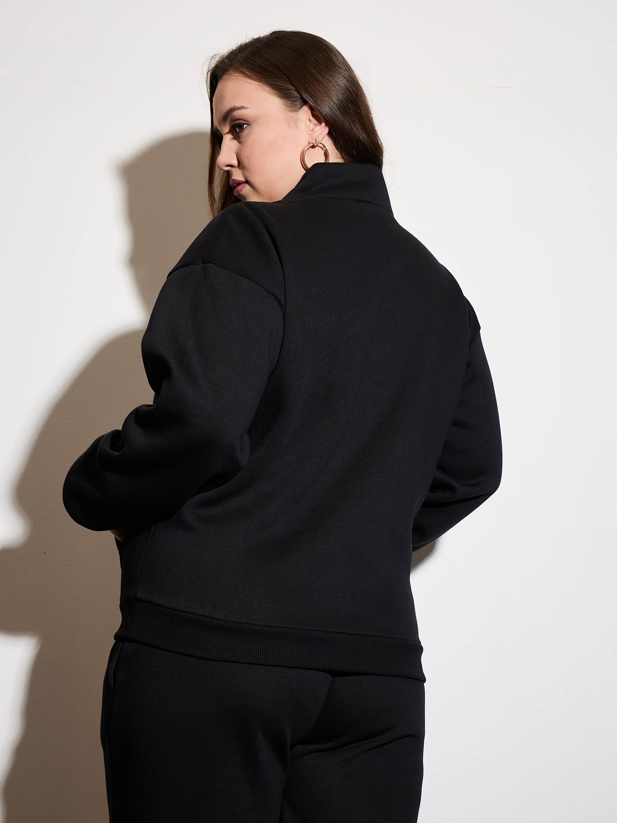 Women Black Fleece Half Zipper Sweatshirt