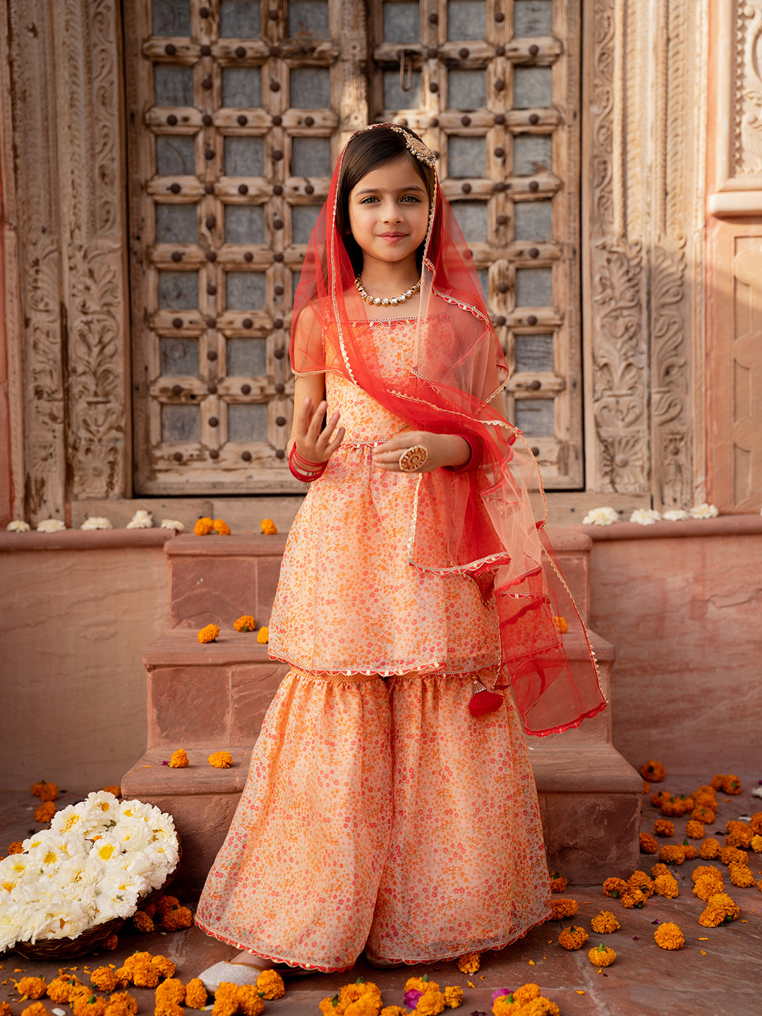 3-Piece Peach Color Organza Kurta & Sharara With Dupatta