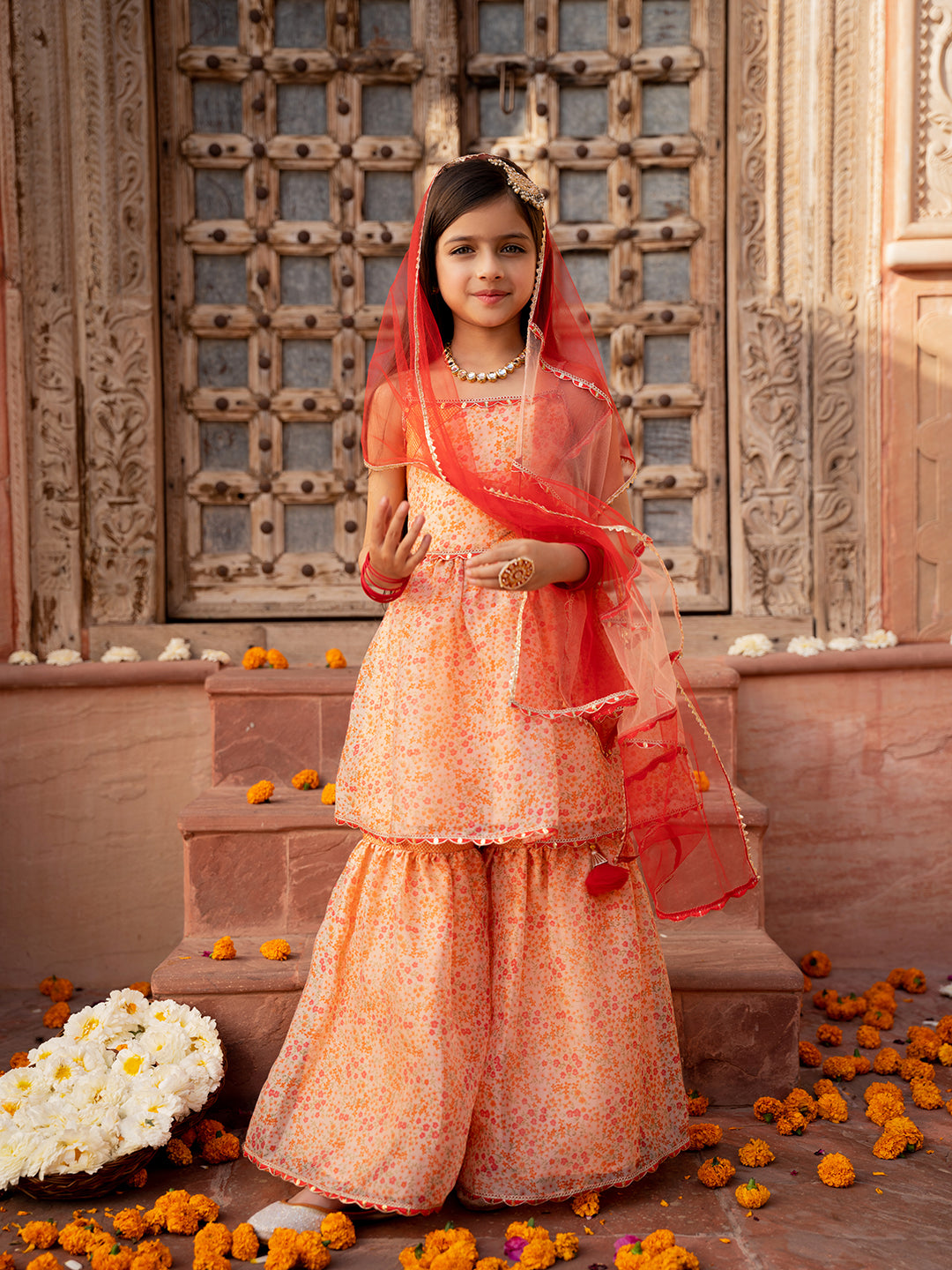 3-Piece Peach Color Organza Kurta & Sharara With Dupatta