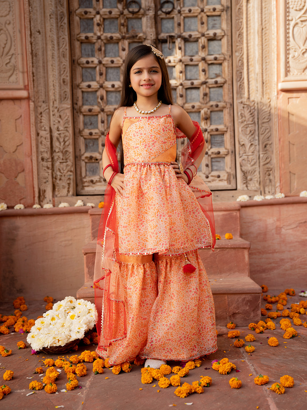 3-Piece Peach Color Organza Kurta & Sharara With Dupatta