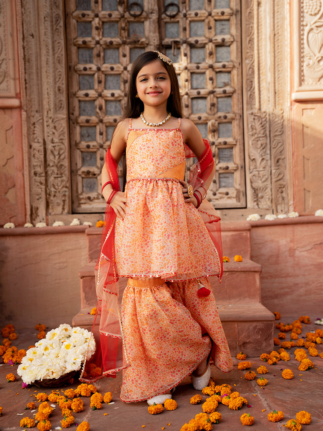 3-Piece Peach Color Organza Kurta & Sharara With Dupatta