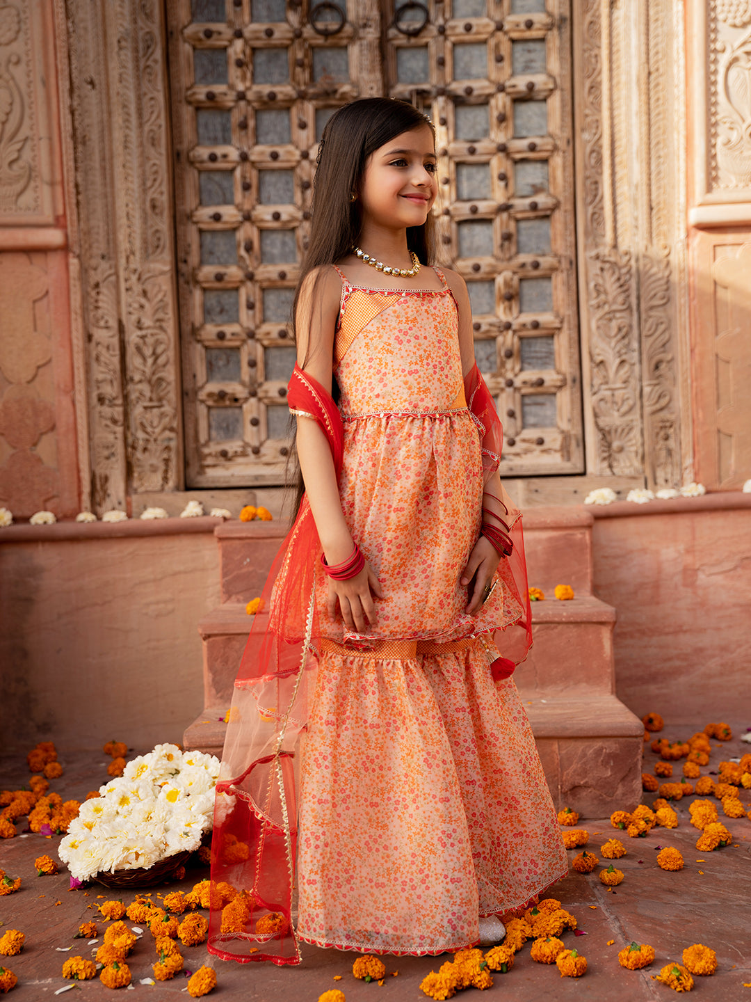 3-Piece Peach Color Organza Kurta & Sharara With Dupatta