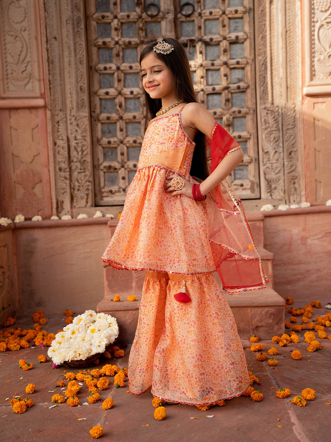 3-Piece Peach Color Organza Kurta & Sharara With Dupatta