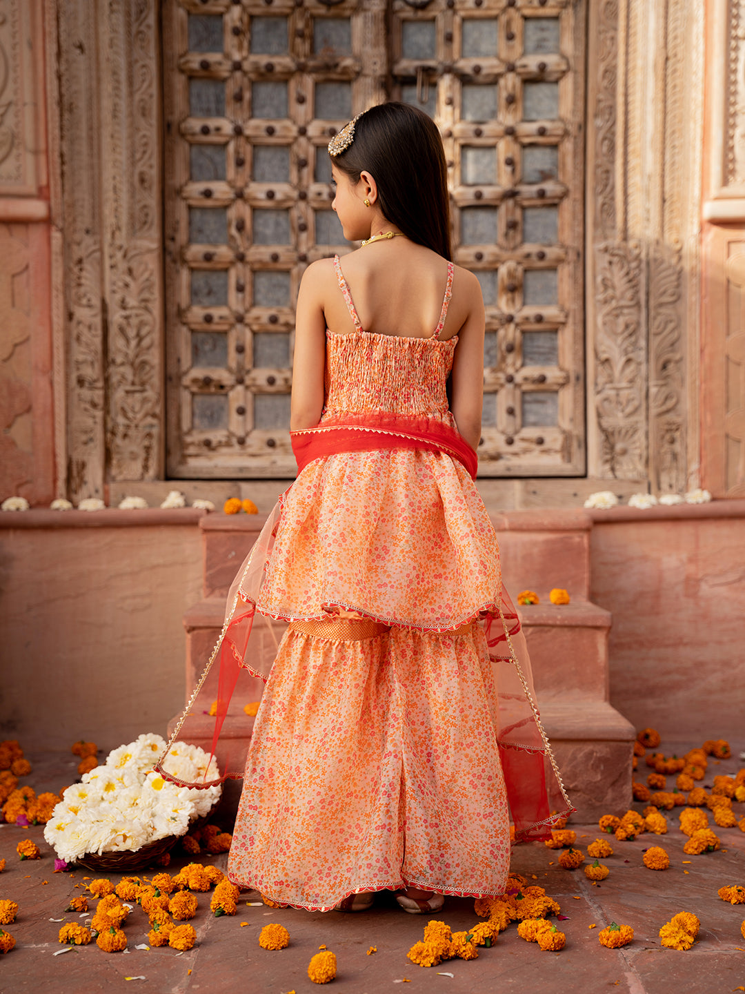3-Piece Peach Color Organza Kurta & Sharara With Dupatta