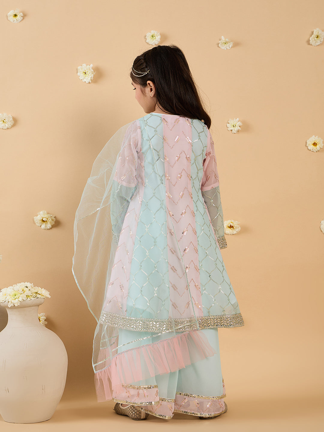 Blue & Pink Georgette Sharara Set With Dupatta