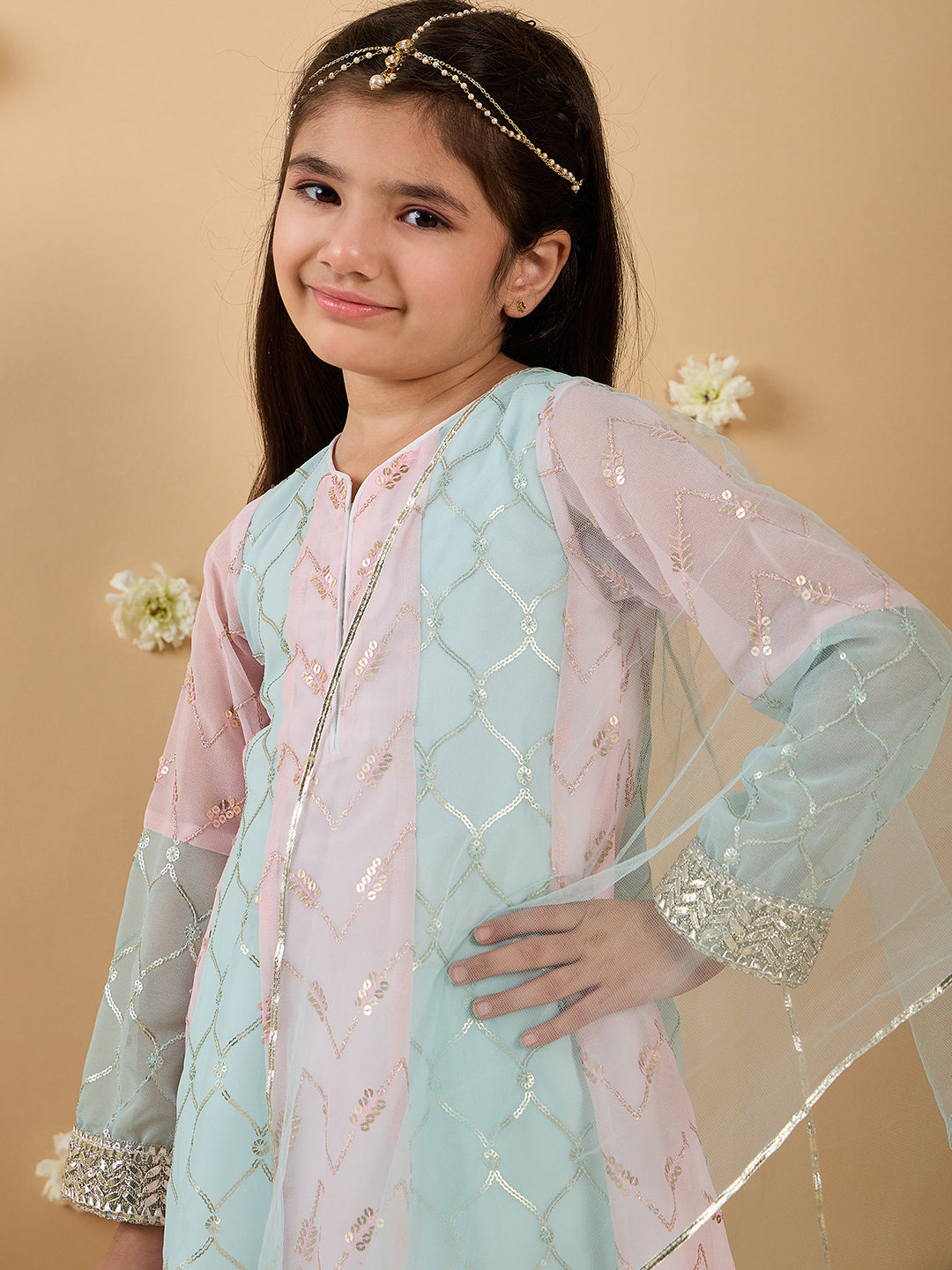 Blue & Pink Georgette Sharara Set With Dupatta