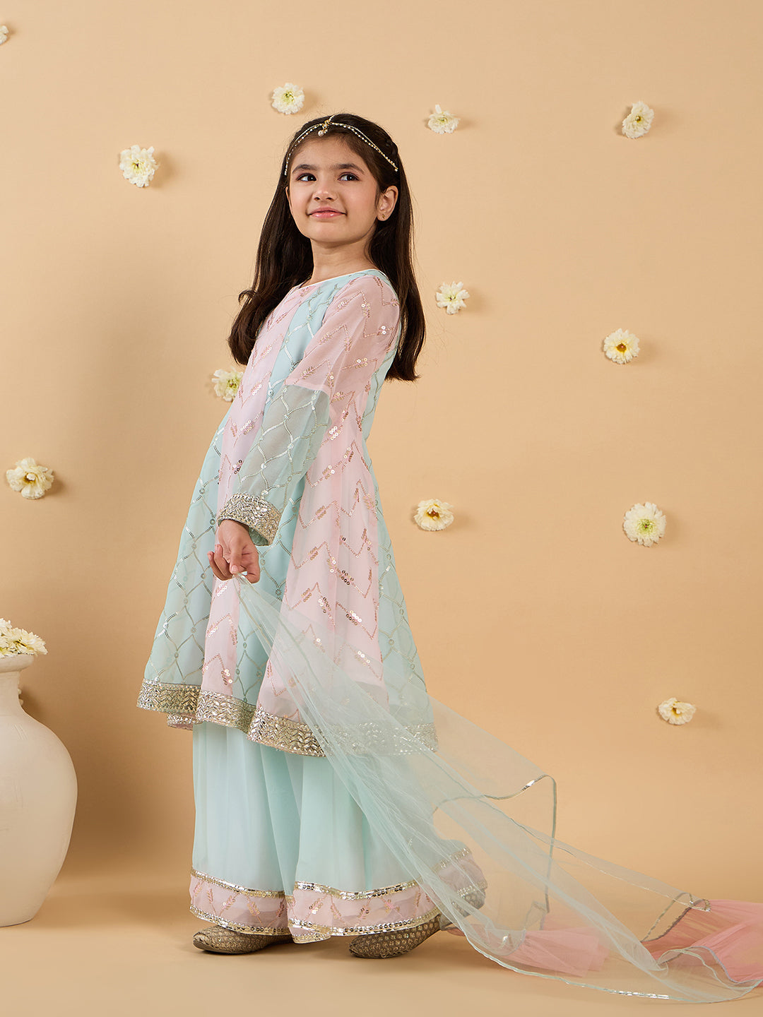 Blue & Pink Georgette Sharara Set With Dupatta