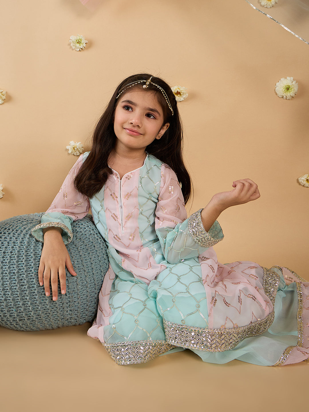 Blue & Pink Georgette Sharara Set With Dupatta