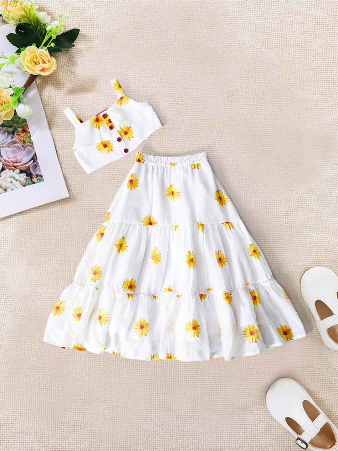 White Top And Skirt Set With Yellow Floral Print