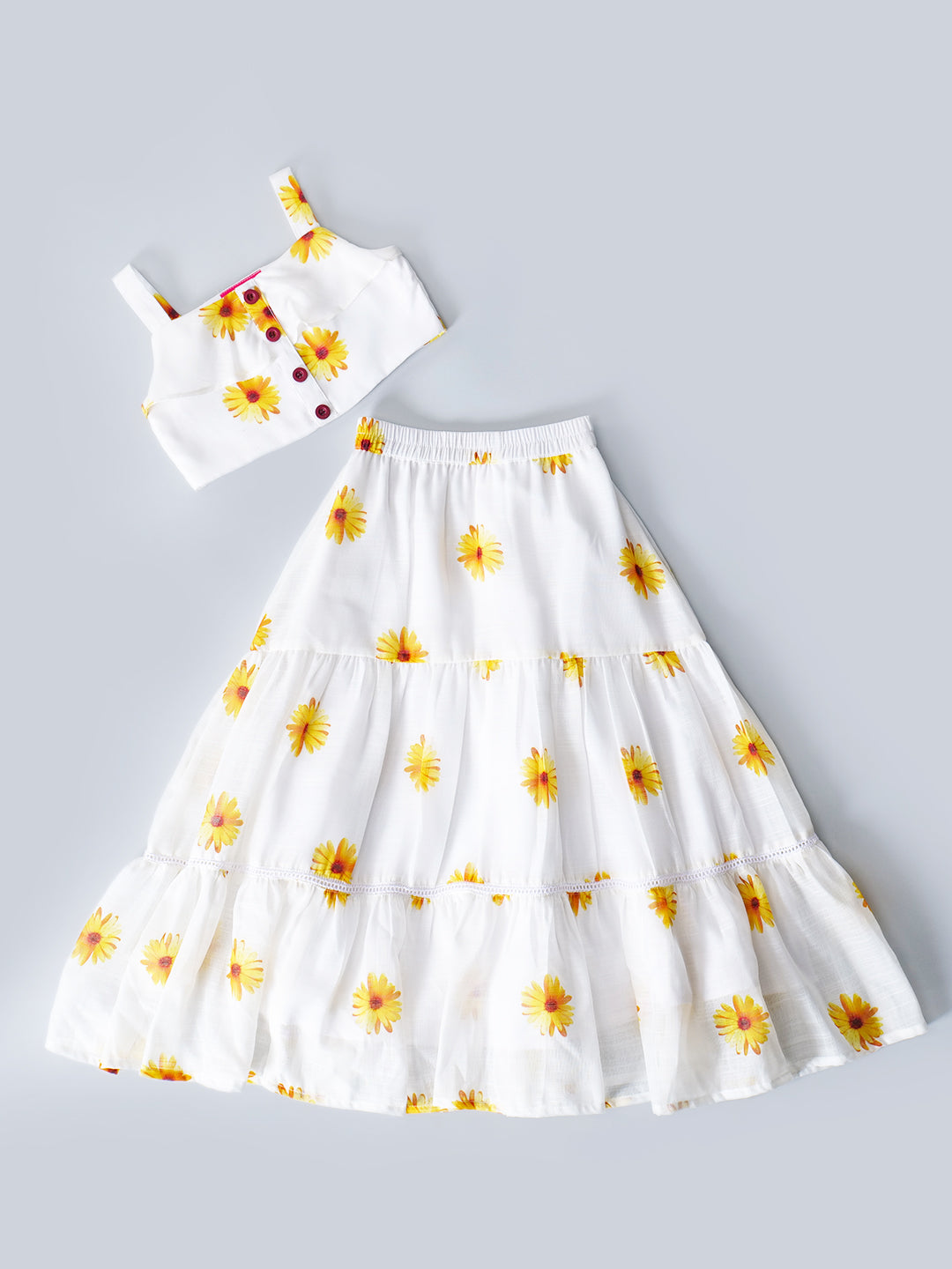 White Top And Skirt Set With Yellow Floral Print