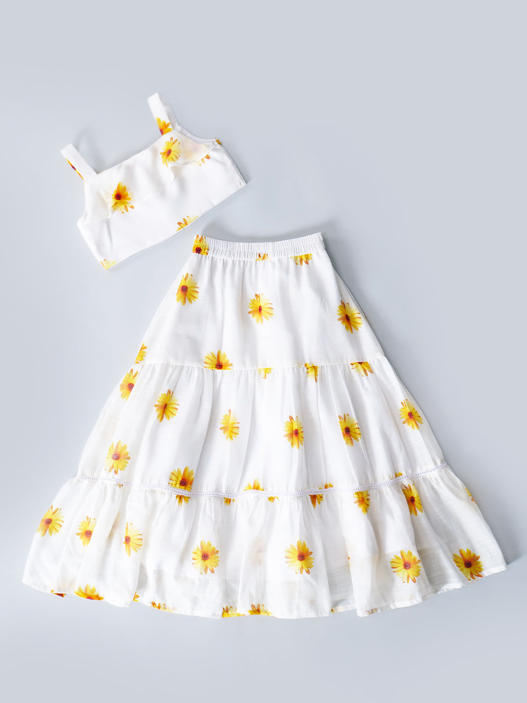 White Top And Skirt Set With Yellow Floral Print
