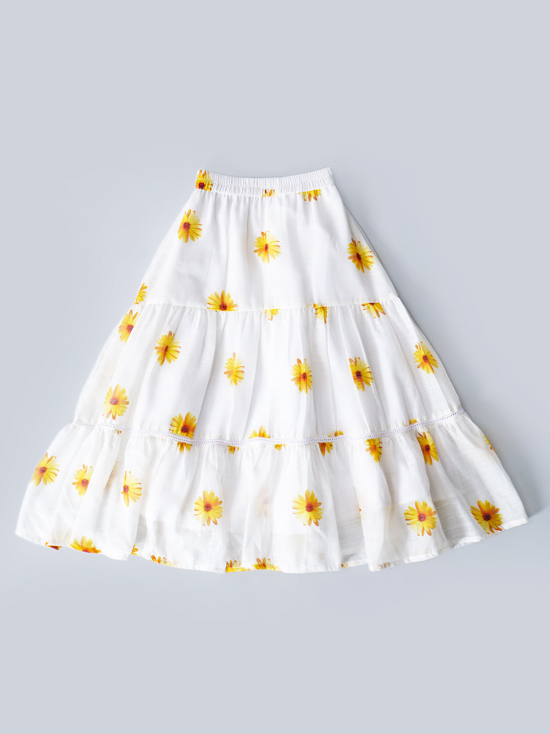 White Top And Skirt Set With Yellow Floral Print