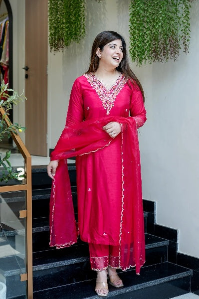 Women Embroidery Worked Kurta With Pant And Duppata Set