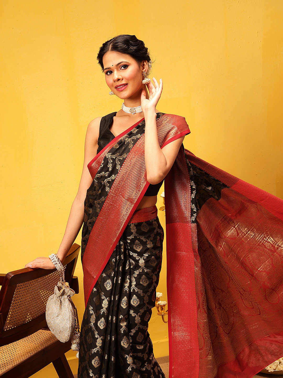 Women Black Banarasi Silk Woven Design Saree With Unstitched Blouse