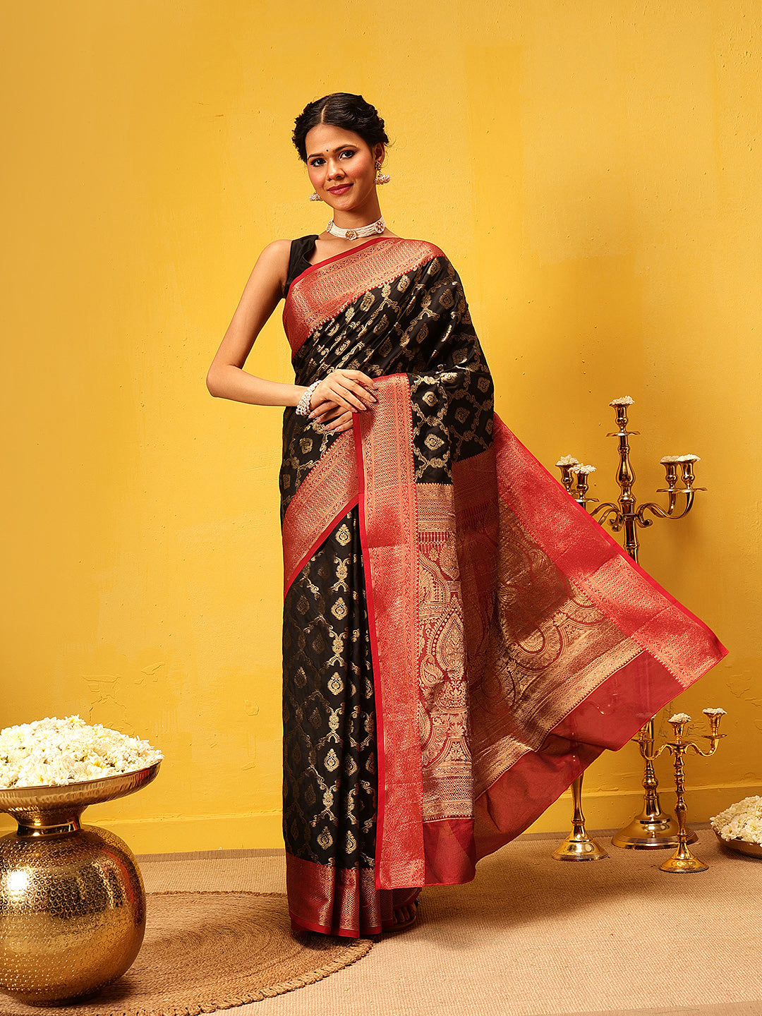 Women Black Banarasi Silk Woven Design Saree With Unstitched Blouse