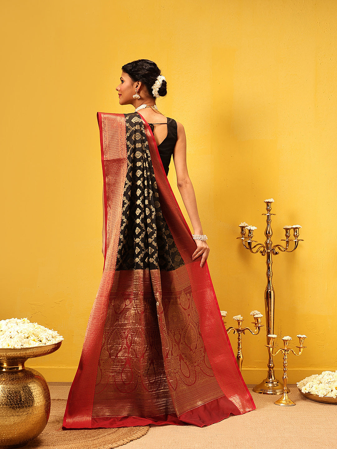 Women Black Banarasi Silk Woven Design Saree With Unstitched Blouse