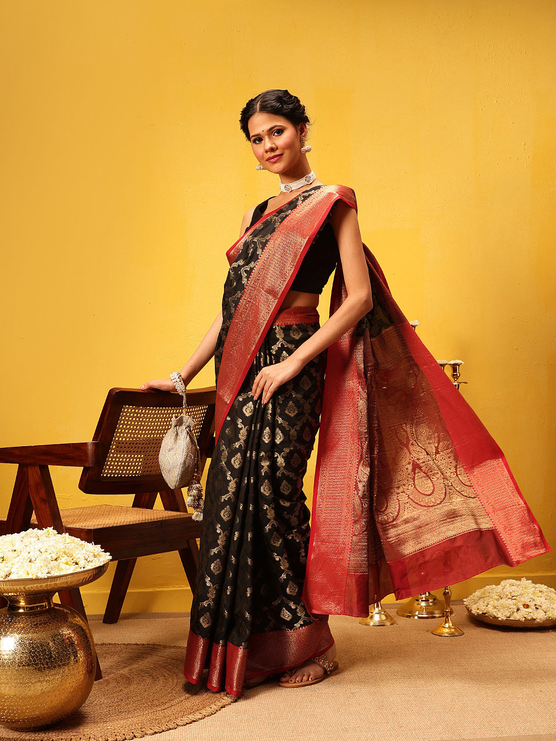 Women Black Banarasi Silk Woven Design Saree With Unstitched Blouse