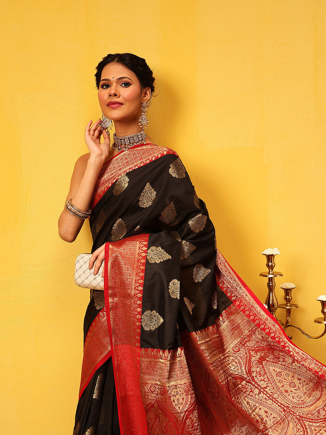 Women Black Banarasi Silk Woven Design Saree With Unstitched Blouse