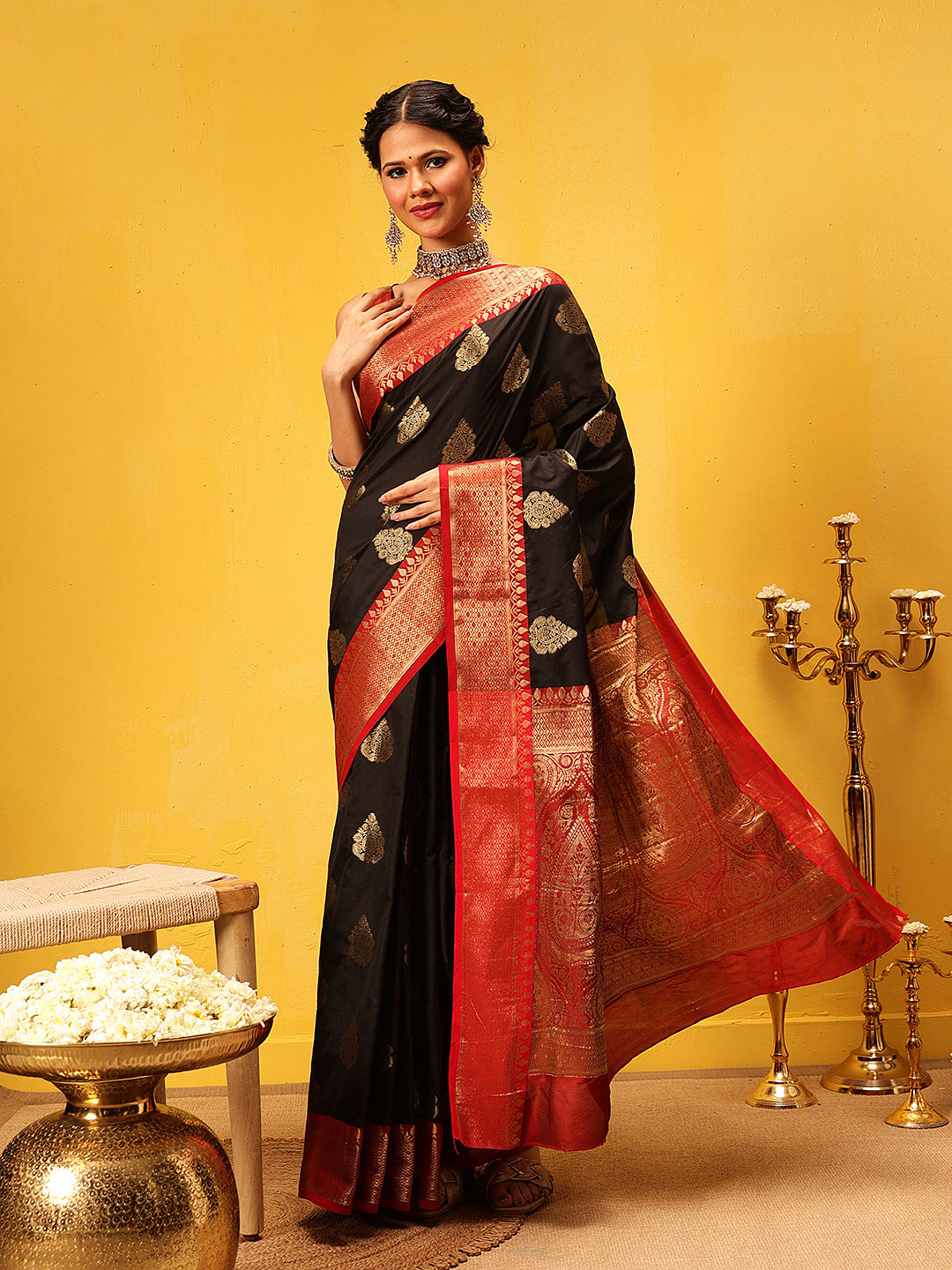 Women Black Banarasi Silk Woven Design Saree With Unstitched Blouse