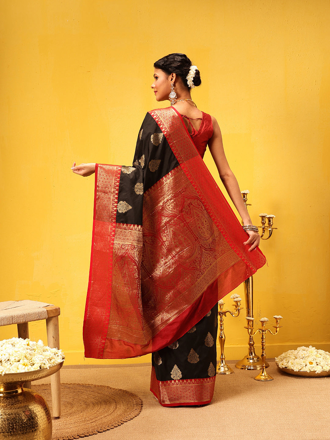 Women Black Banarasi Silk Woven Design Saree With Unstitched Blouse