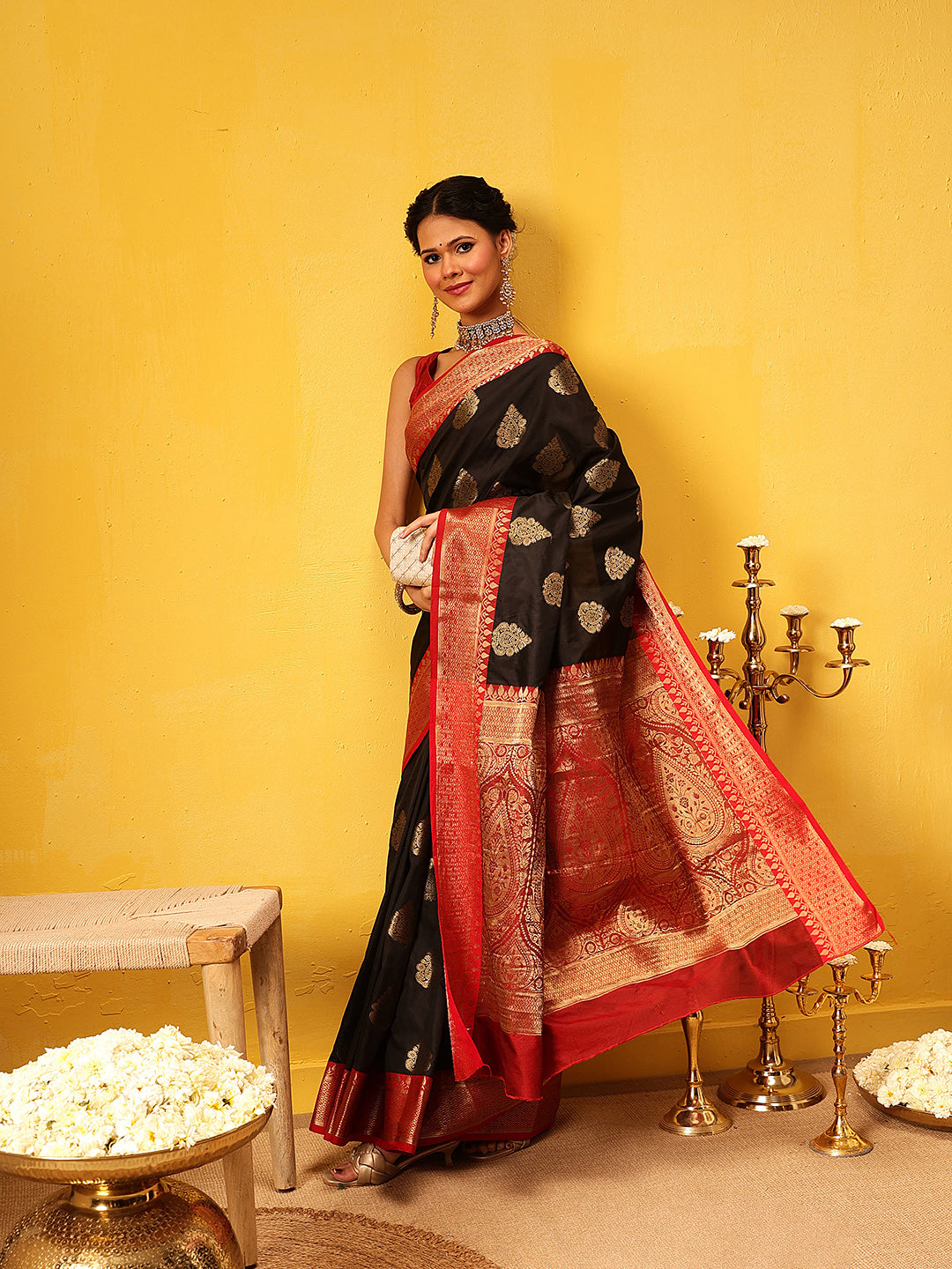 Women Black Banarasi Silk Woven Design Saree With Unstitched Blouse