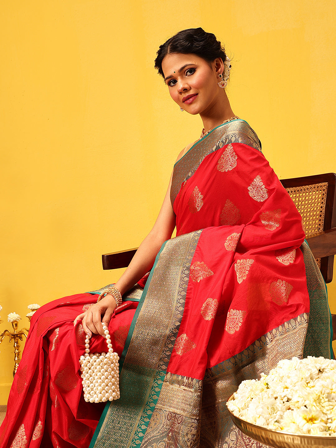 Women Red Banarasi Silk Woven Design Saree With Unstitched Blouse