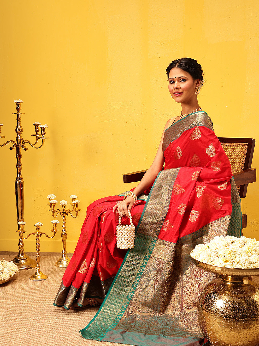 Women Red Banarasi Silk Woven Design Saree With Unstitched Blouse