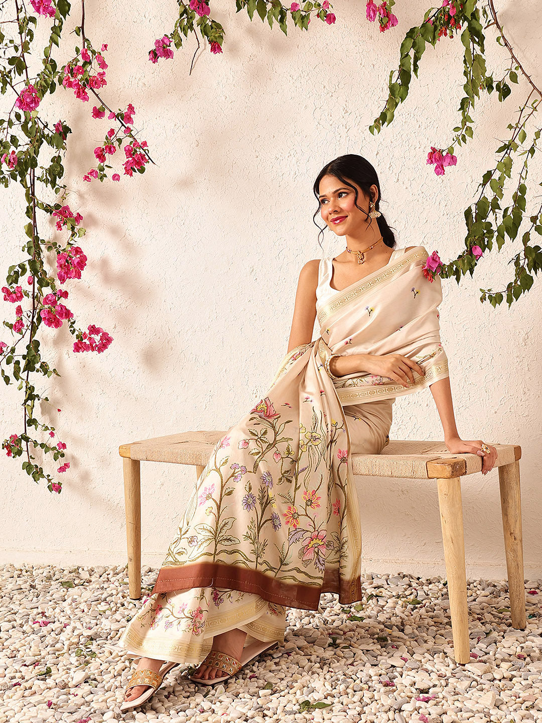 Women Beige Art Silk Digital Printed Saree With Unstitched Blouse