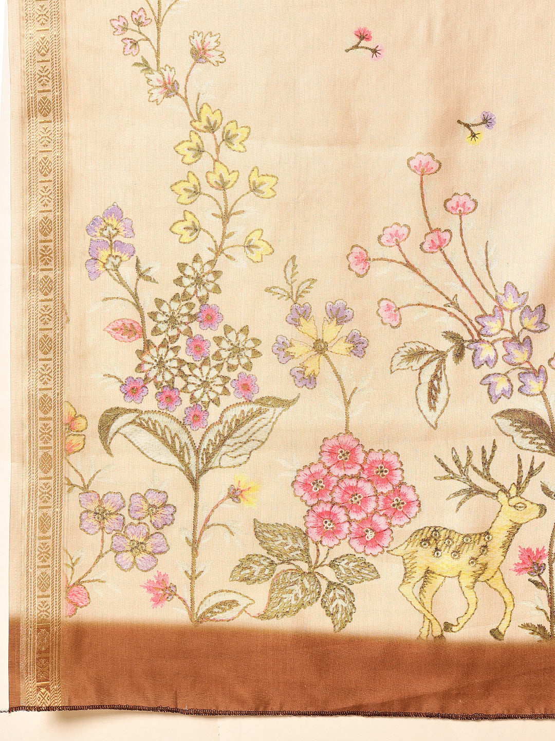 Women Beige Art Silk Digital Printed Saree With Unstitched Blouse