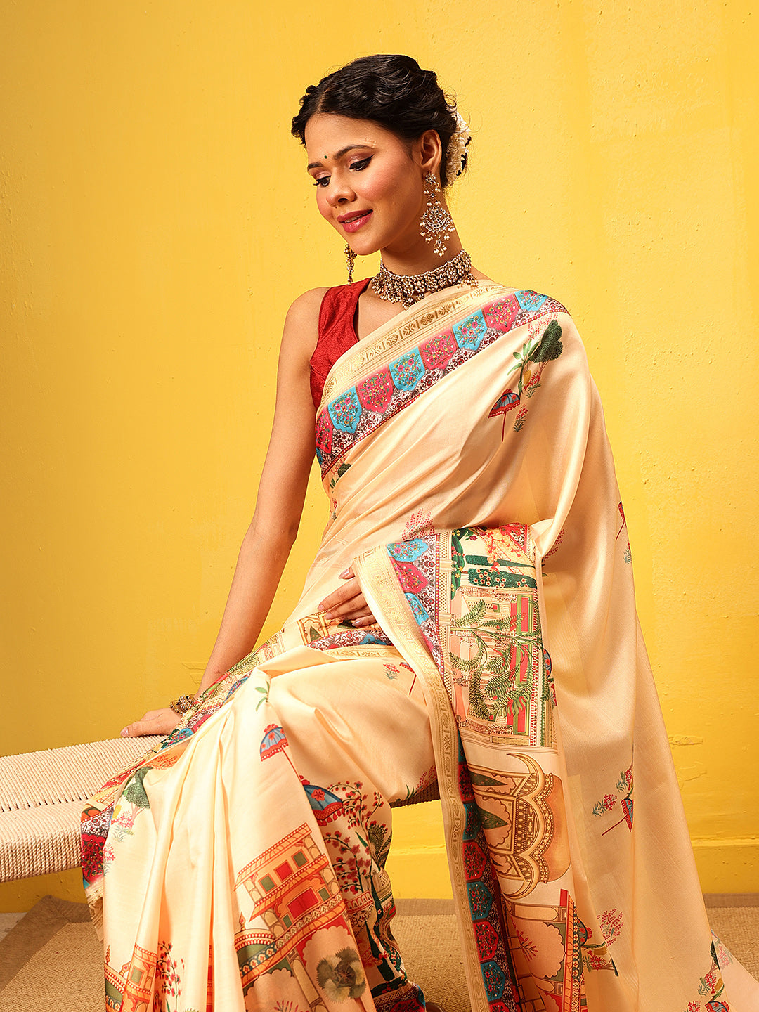 Women Beige Art Silk Digital Printed Saree With Unstitched Blouse